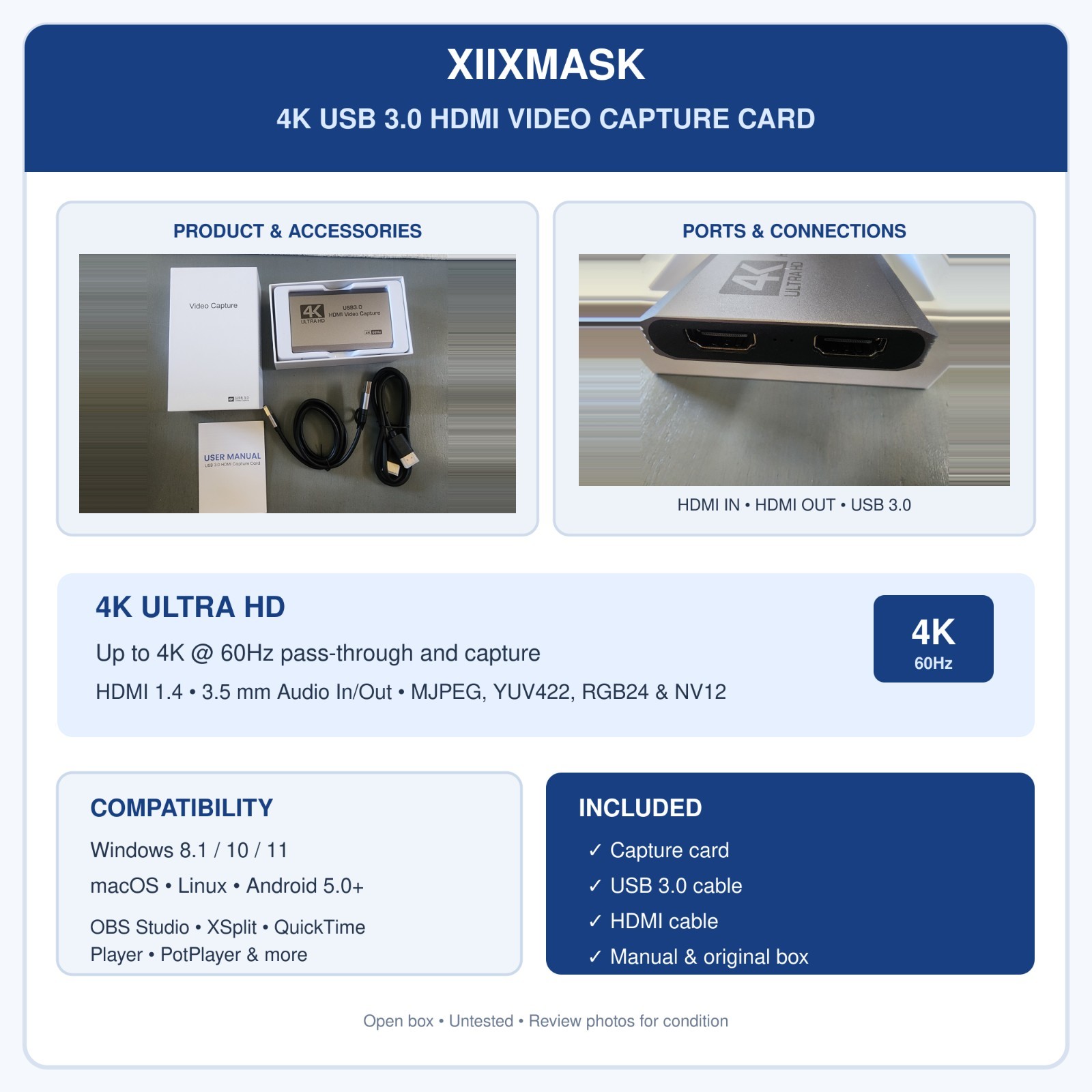XIIXMASK USB 3.0 HDMI Video Capture Card 4K@60Hz Audio In/Out