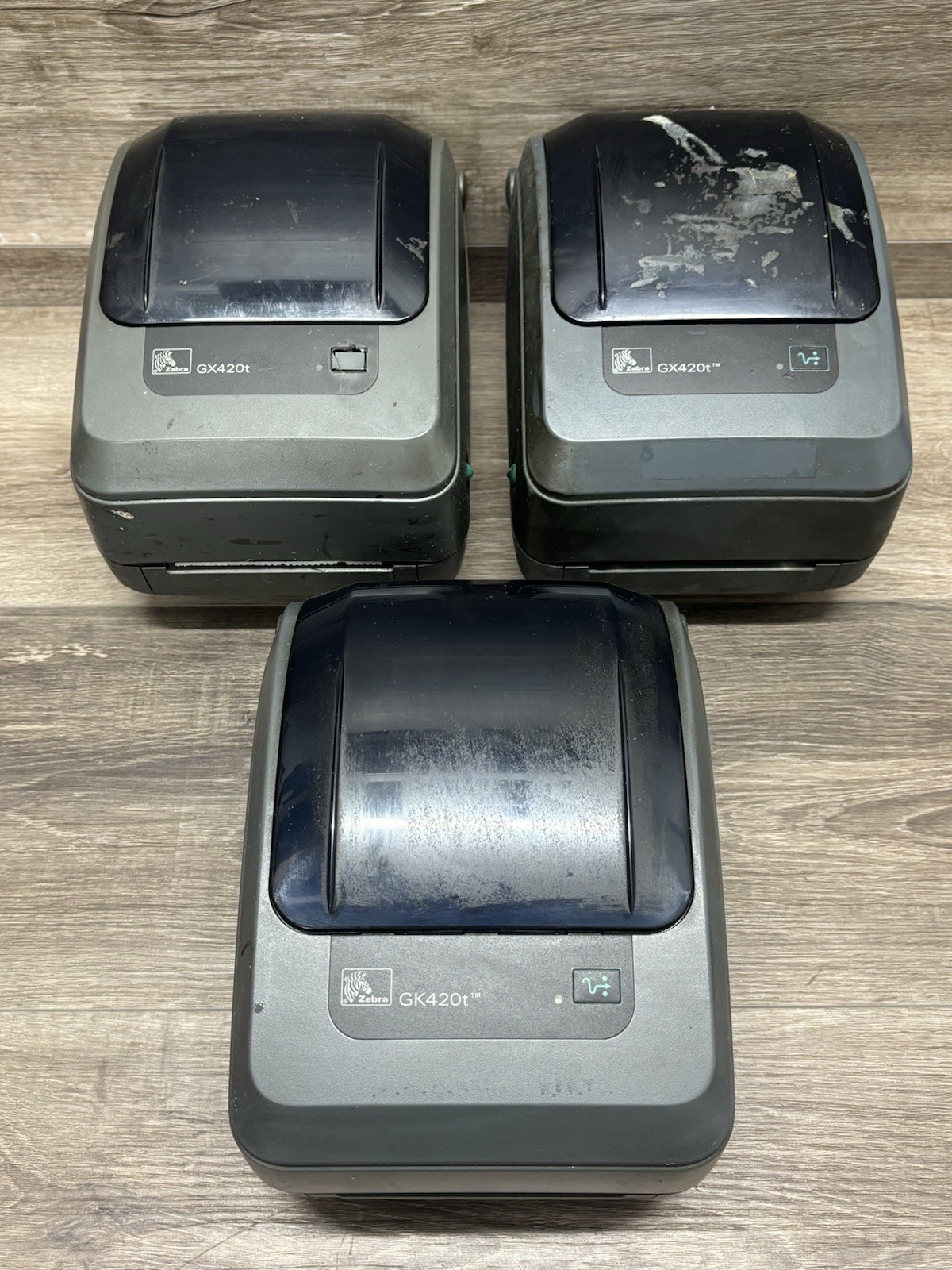 LOT OF 3 Zebra GX420T/GK420T Thermal Label Printers - UNTESTED FOR PARTS