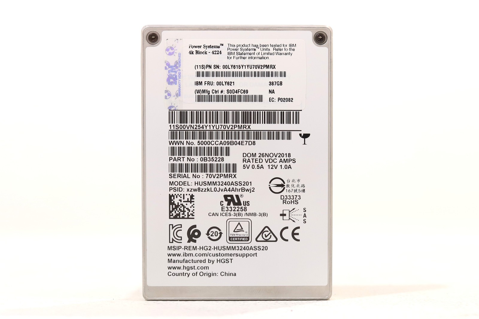 IBM HUSMM3240ASS201 387GB 2.5" 12Gb/s SAS Solid State Drive FRU P/N: 00LY621