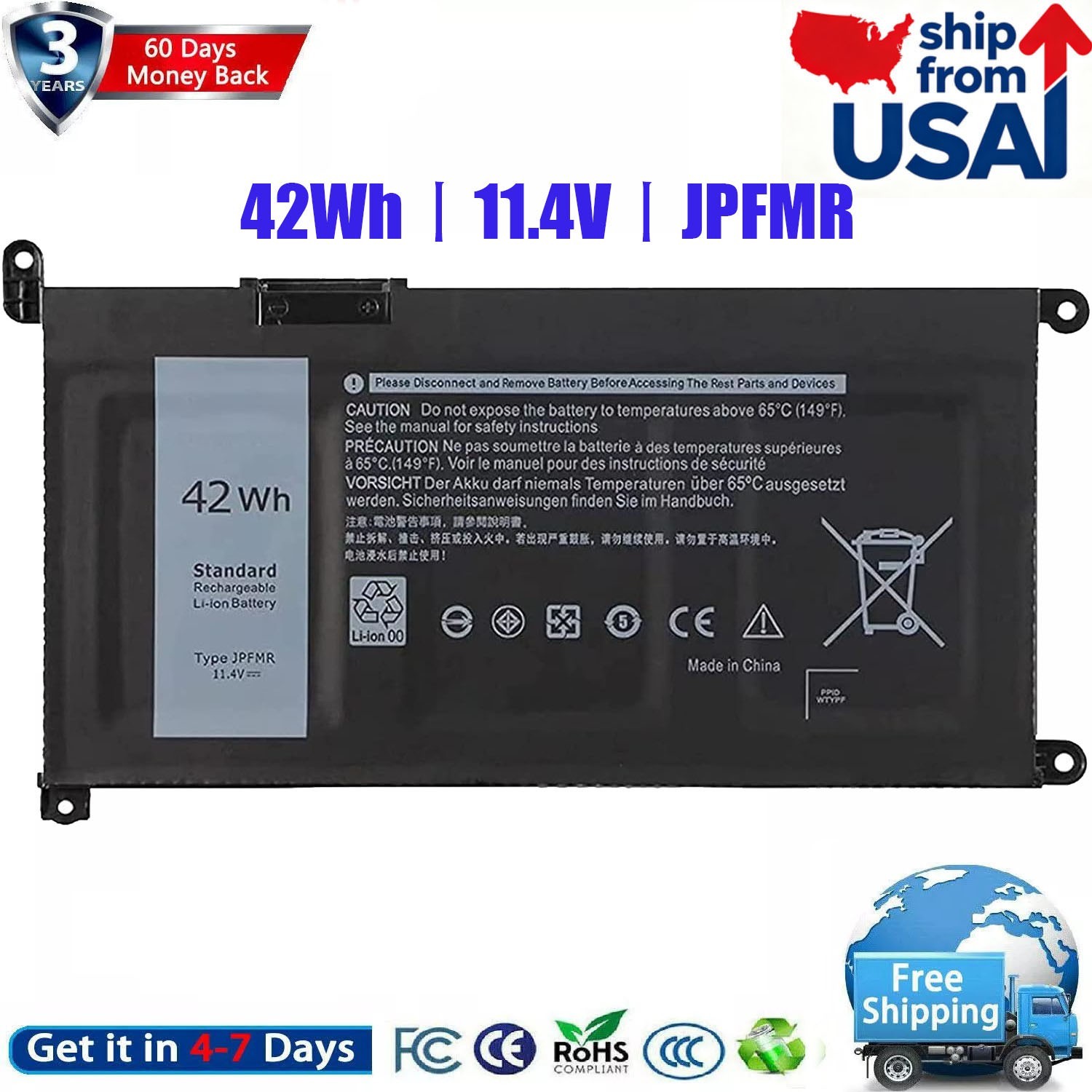 JPFMR Battery for Dell Chromebook 3400 3100 2-in-1 5488 5493 5593 P90F Series