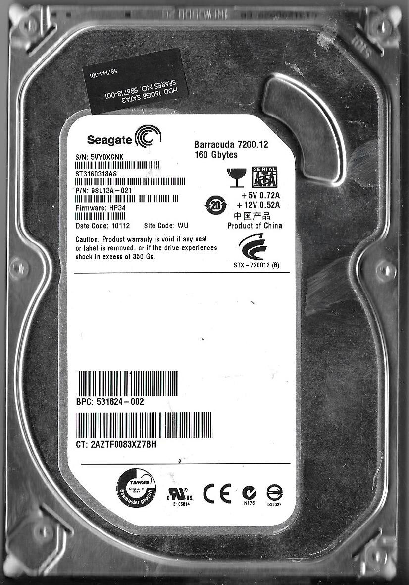 Seagate ST3160318AS 160GB Sata Hard Drive P/N: 9SL13A-021 F/W: HP34  5VY  WU