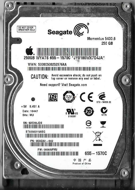 Seagate ST9250315ASG 250GB Sata Hard Drive P/N: 9KAG32-042 5VC WU F/W: 0008APM2