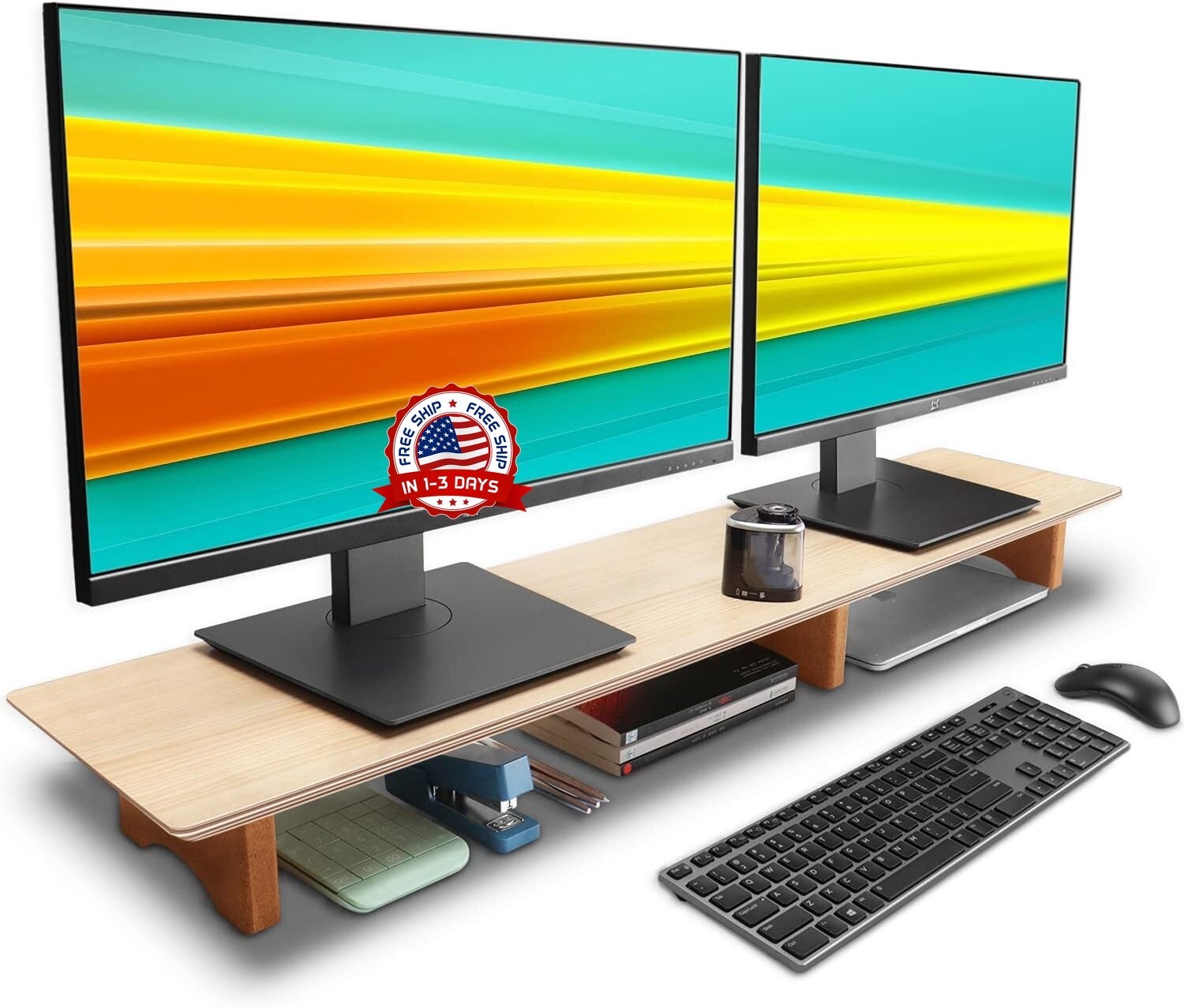 Elevador de soporte de monitor dual de estante de escritorio de madera maciza US