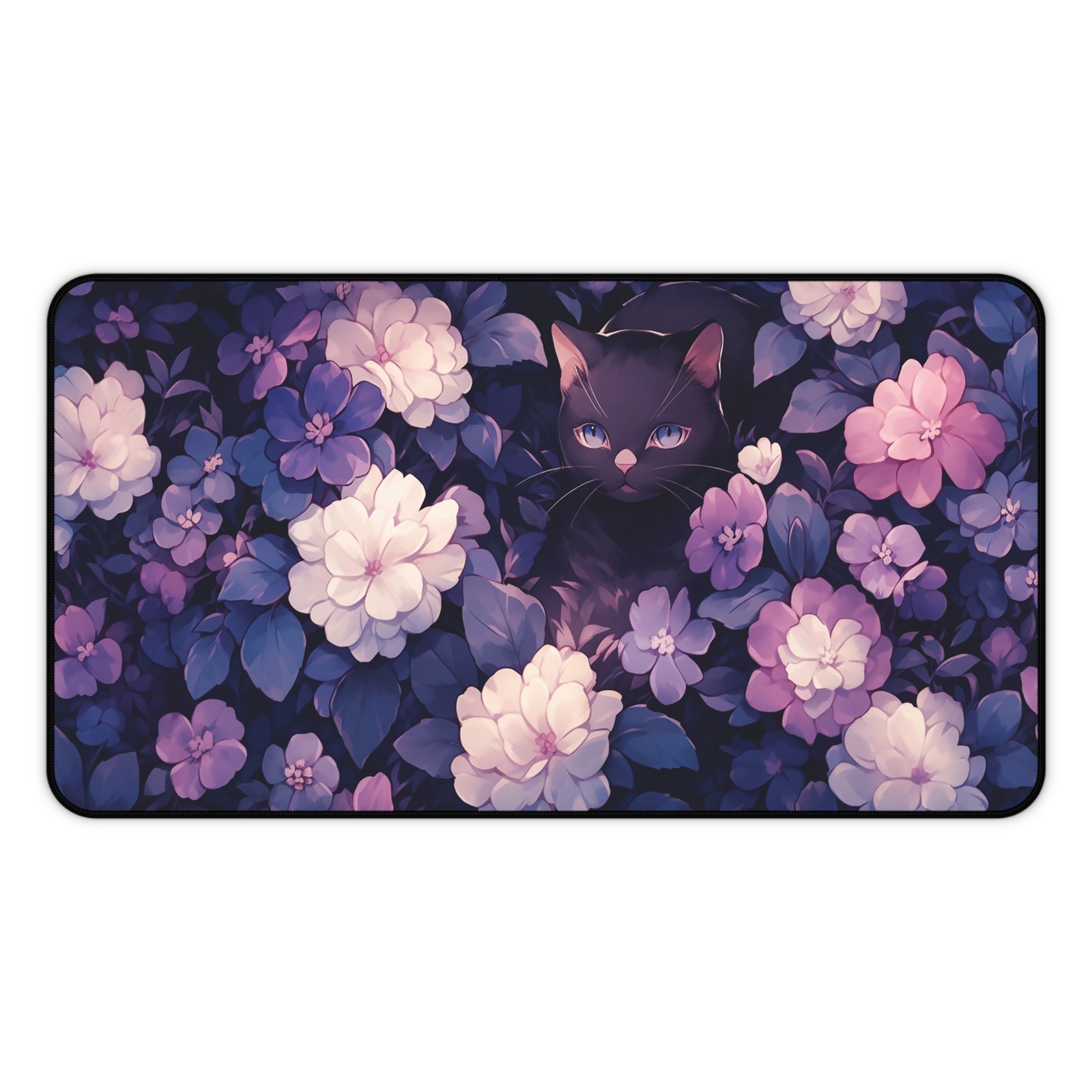 Kawaii Black Cat Camellia Desk Mat, Large Mouse Pad Dark Purple for Gaming Setup