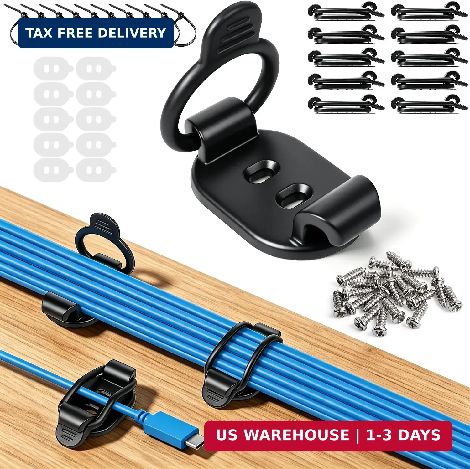 OneLeaf 10-Pack Adjustable Elastic Cable Clips, Cable Management, Black