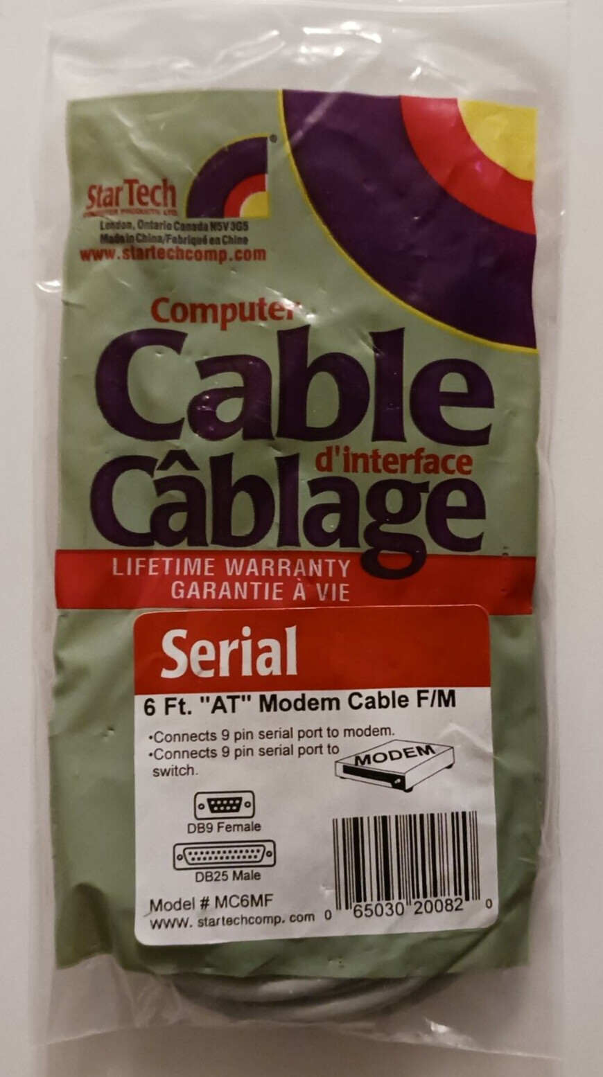Startech 6 Ft. "AT" Modem Cable DB8 Female To DB25 Male Model MC6MF