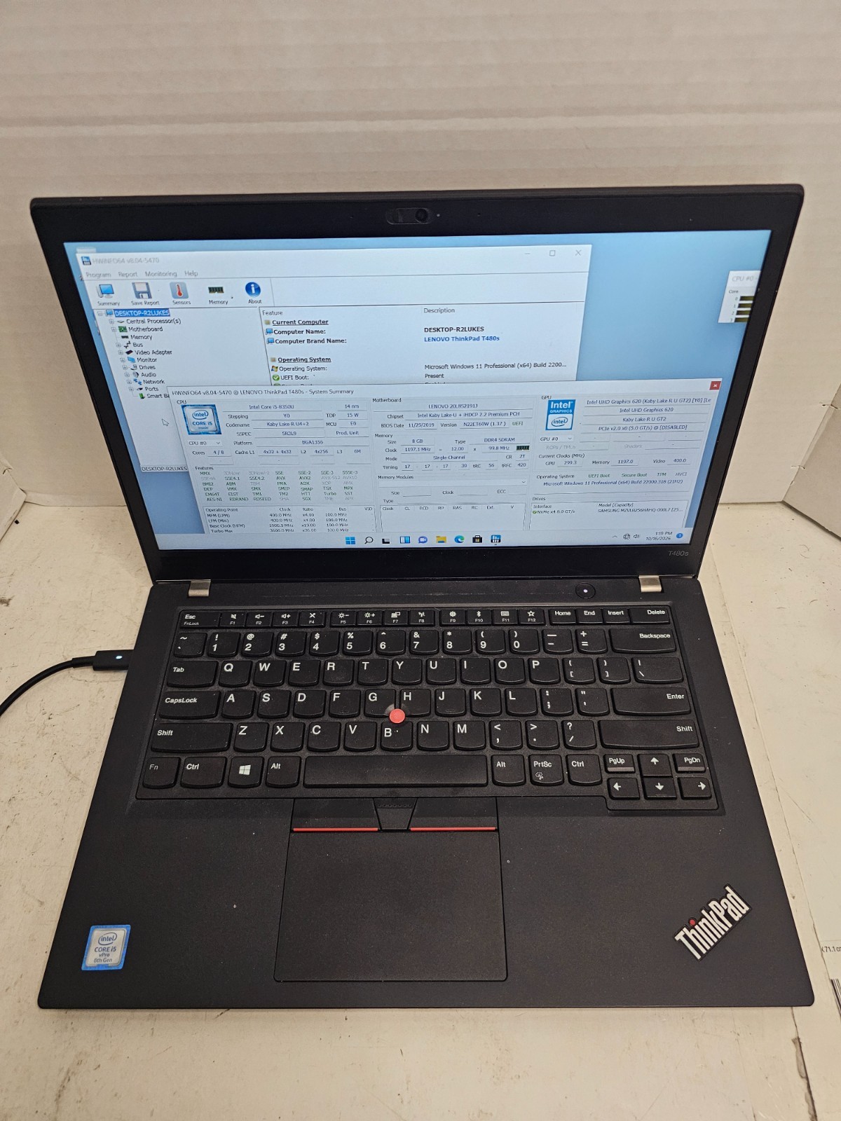 Lenovo ThinkPad T480s 14" Laptop i5-8350U 8GB RAM 256GB SSD WIN11 NO BATTERY#04