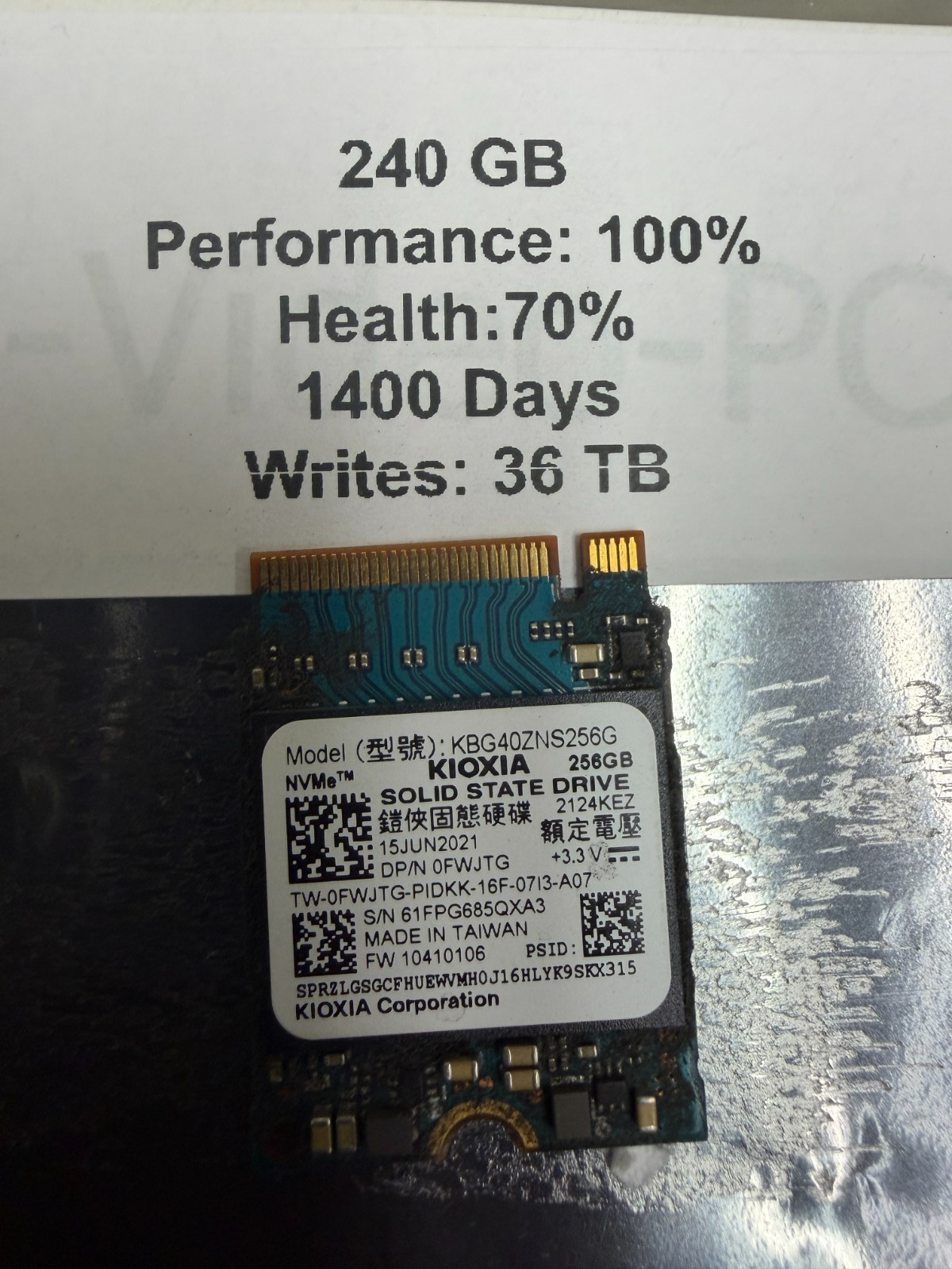 Kioxia BG4 256GB M.2 2230 NVMe PCIe SSD (KBG40ZNS256G / DP/N 0FWJTG) - Tested