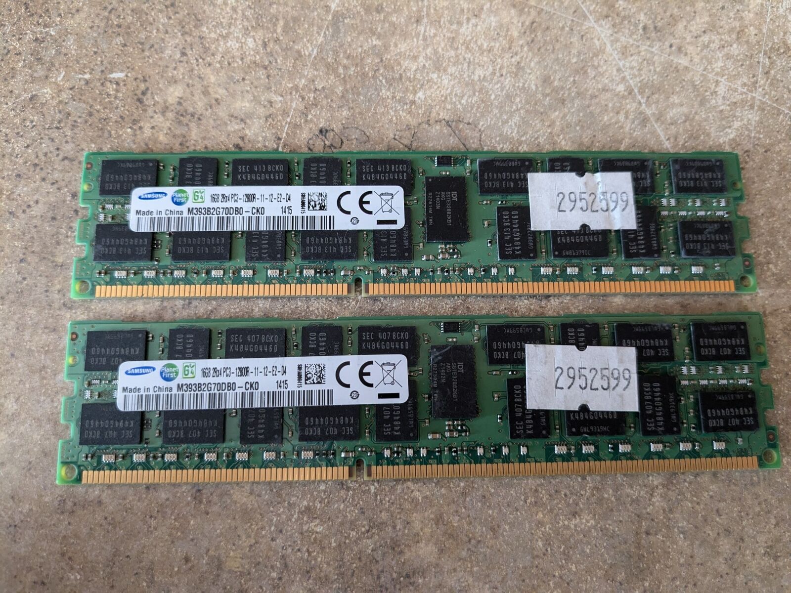 LOT OF 2 SAMSUNG 16GB 2RX4 PC3-12800R SERVER RAM M393B2G70DB0-CK0 L2-8(5)