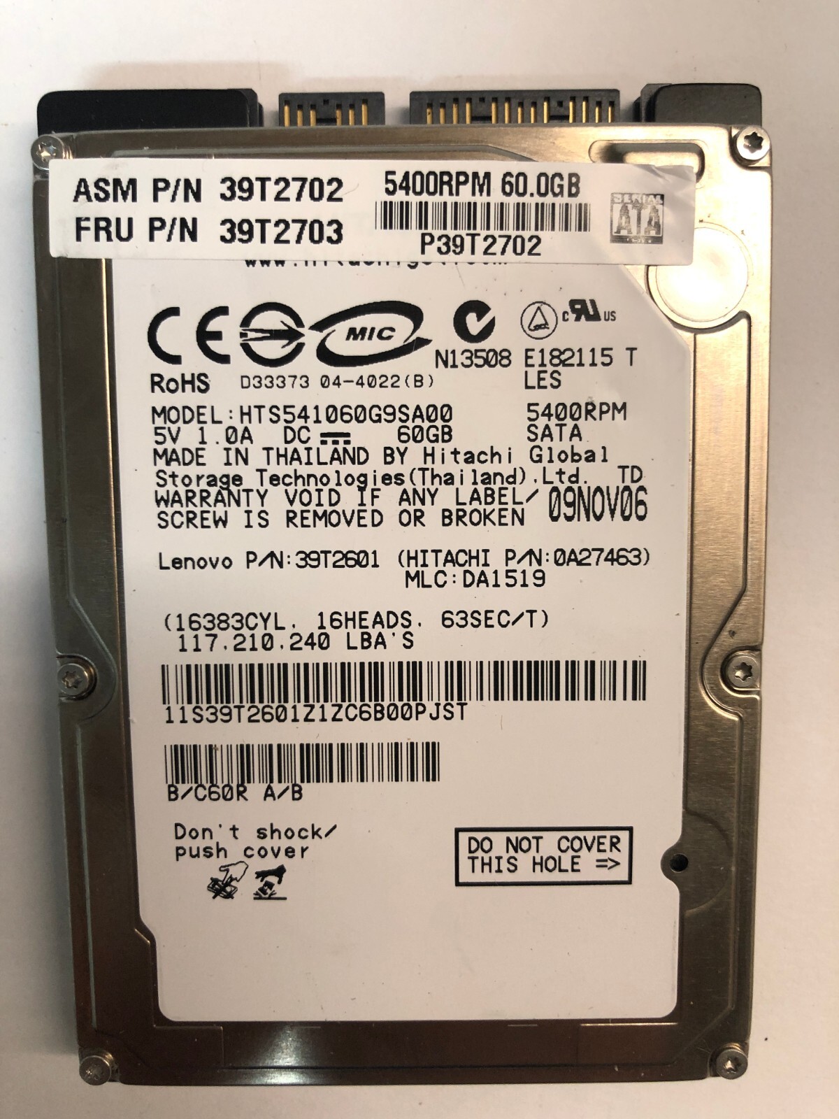 Hitachi HTS541060G9SA00 PN:0A28693 MLC:DA1488 60gb 2.5" Sata Hard drive
