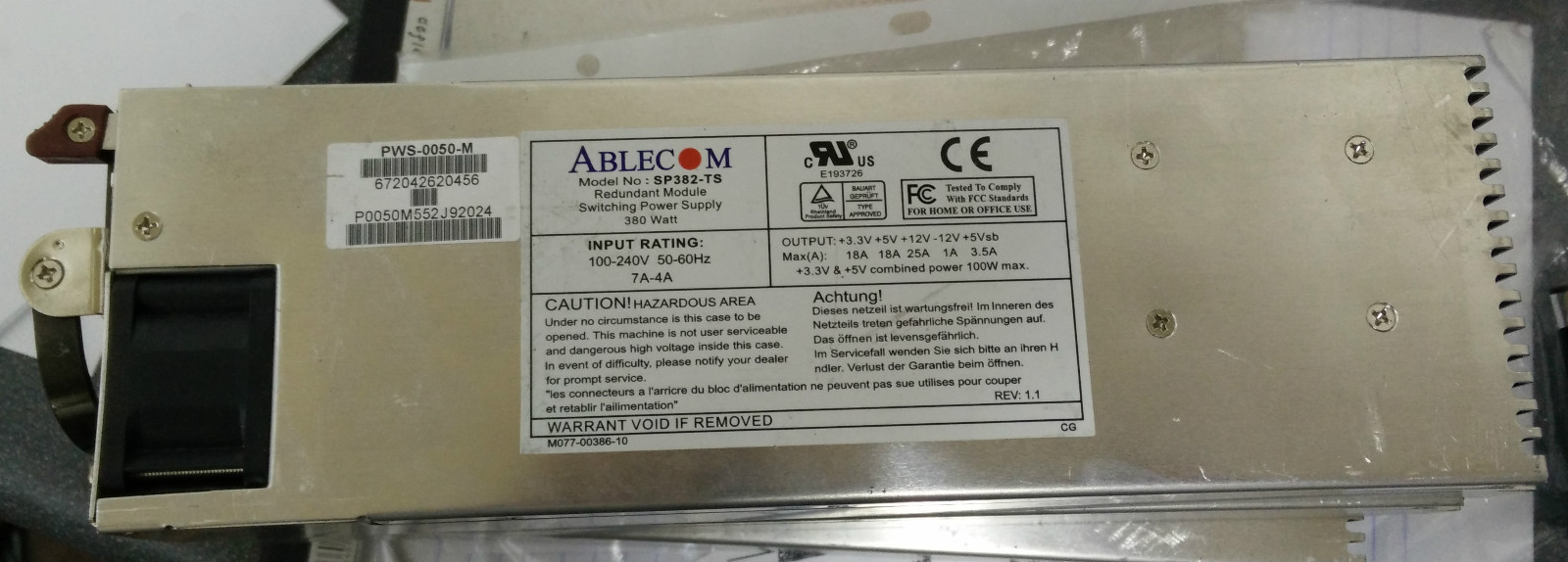 SuperMicro PWS-0050-M / Ablecom SP382-TS 380W Redundant Hot Swap Power Supply 