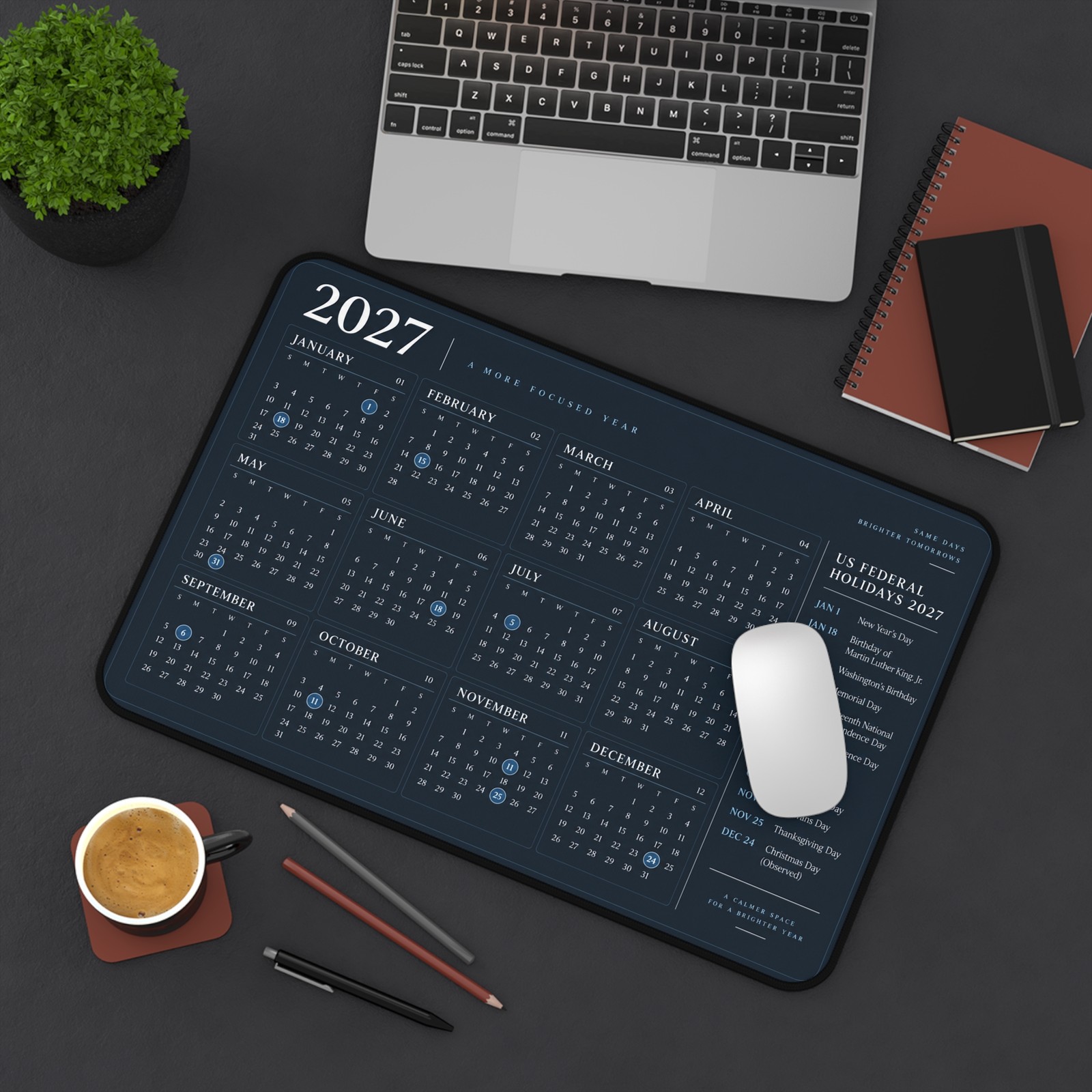 2027 Calendar Desk Mat Mouse Pad | 2 Sizes | US Federal Holidays Planner.