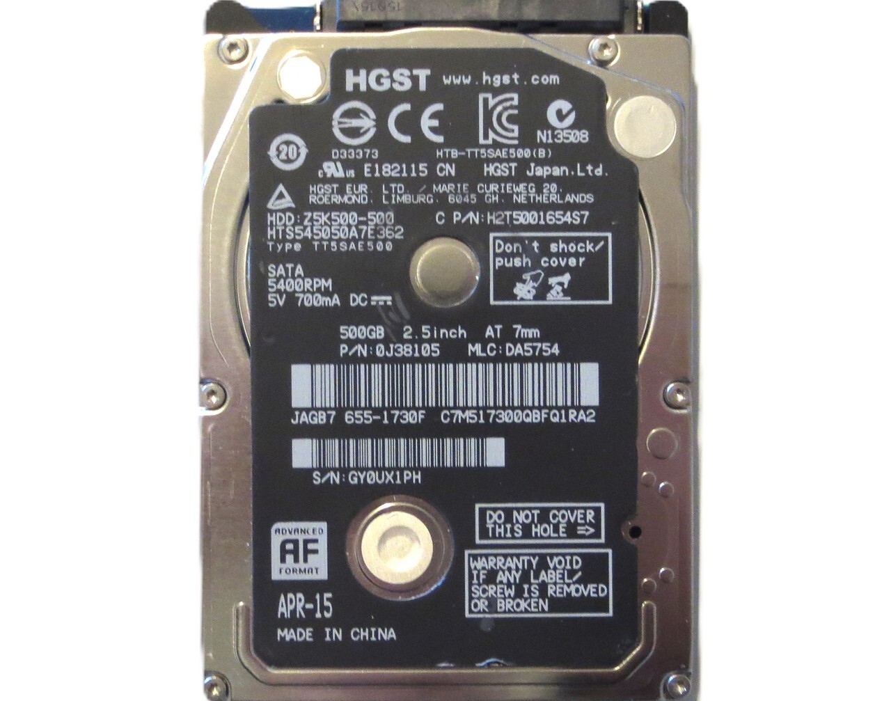 Hitachi HTS545050A7E362 PN: 0J38105 DA5754 (GY0) China 2.5" 500gb Sata APR-15