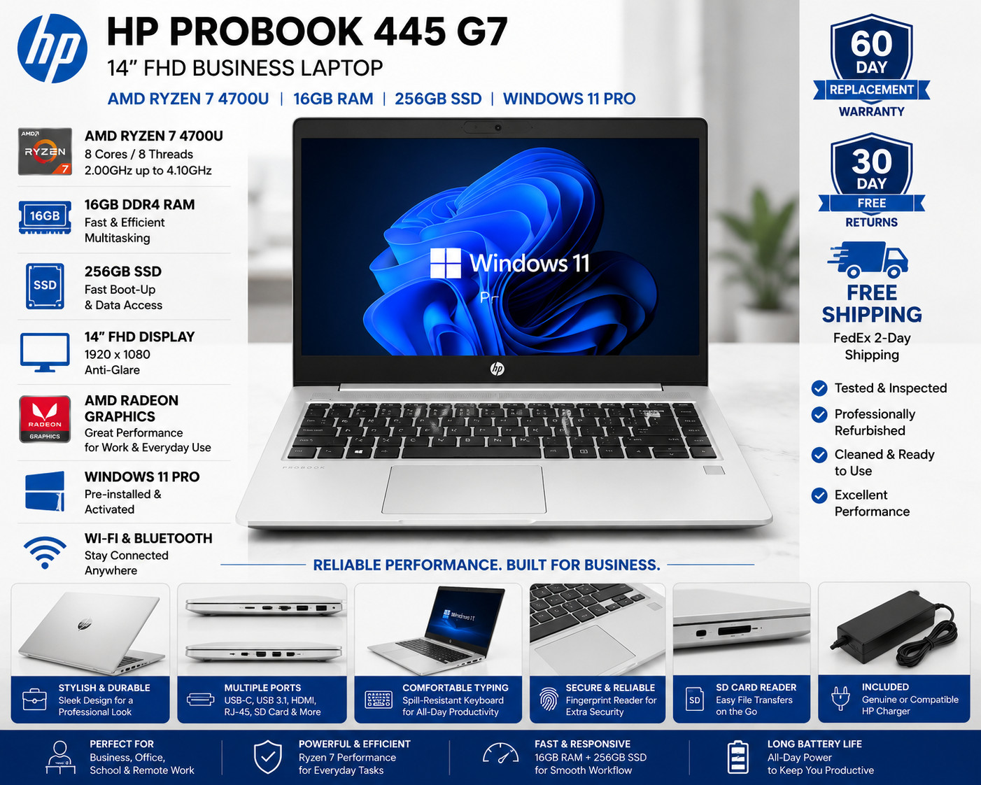 HP ProBook 445 G7 14" FHD Ryzen 7 4700U 16GB 256GB SSD Win11 Pro Laptop