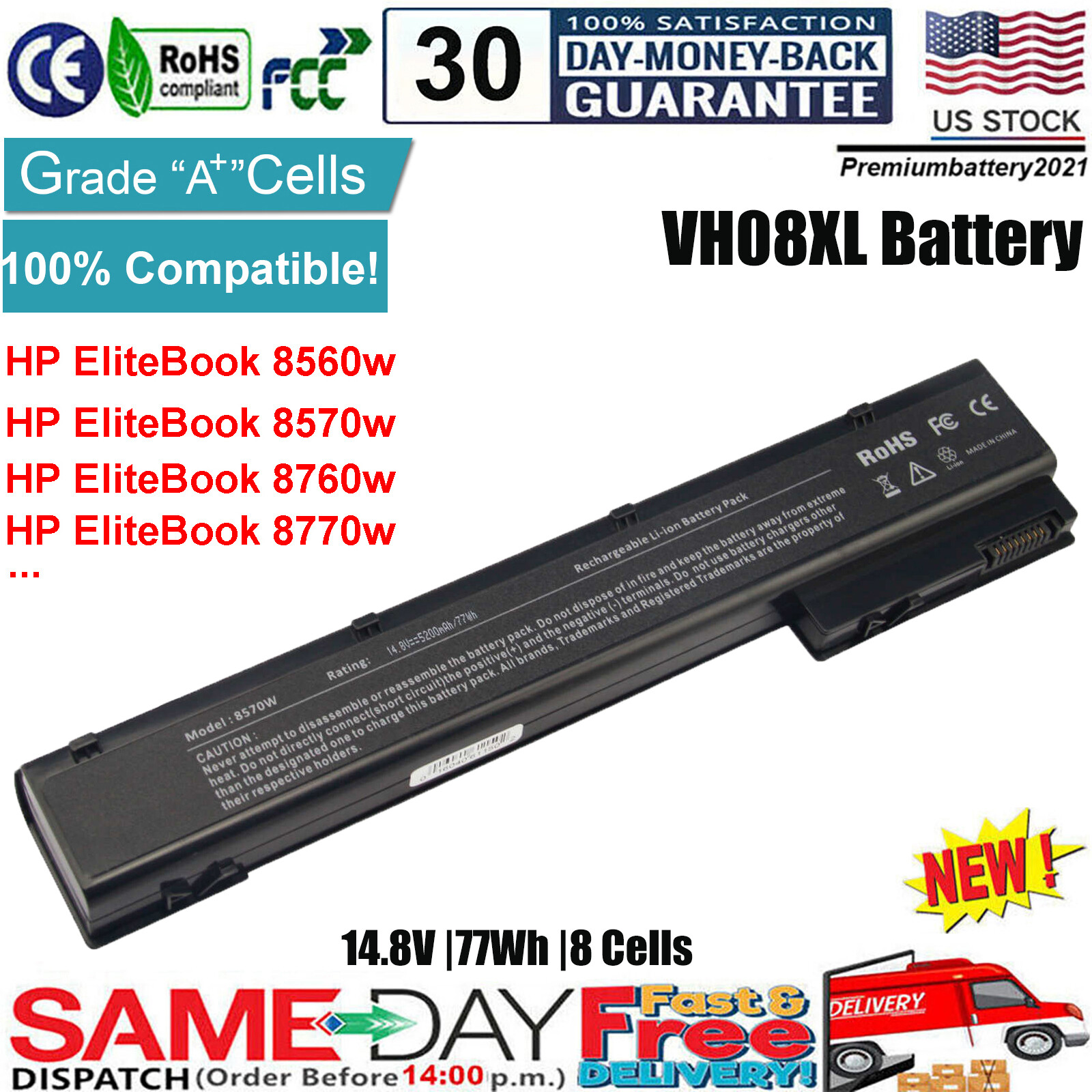 8 Cell Laptop Battery for HP EliteBook 8560w 8570w 632427-001 VH08 632425-001 US