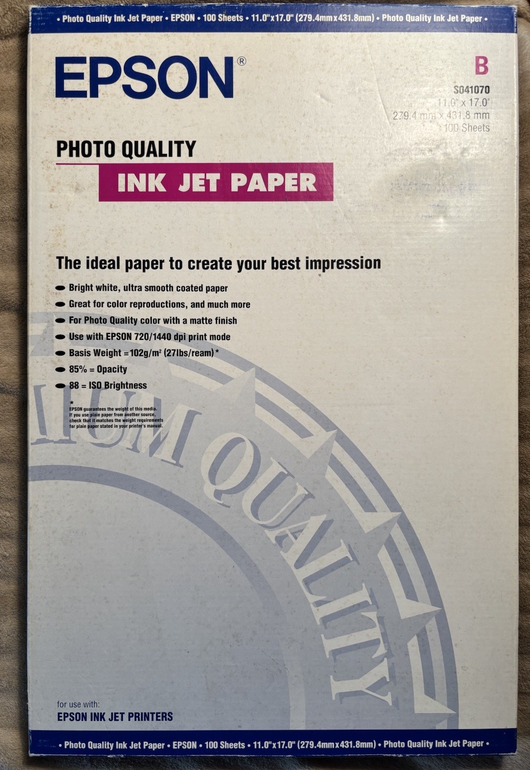 Epson Photo Quality Ink Jet Paper 11.0” X 17.0” 100 Sheets Brand New
