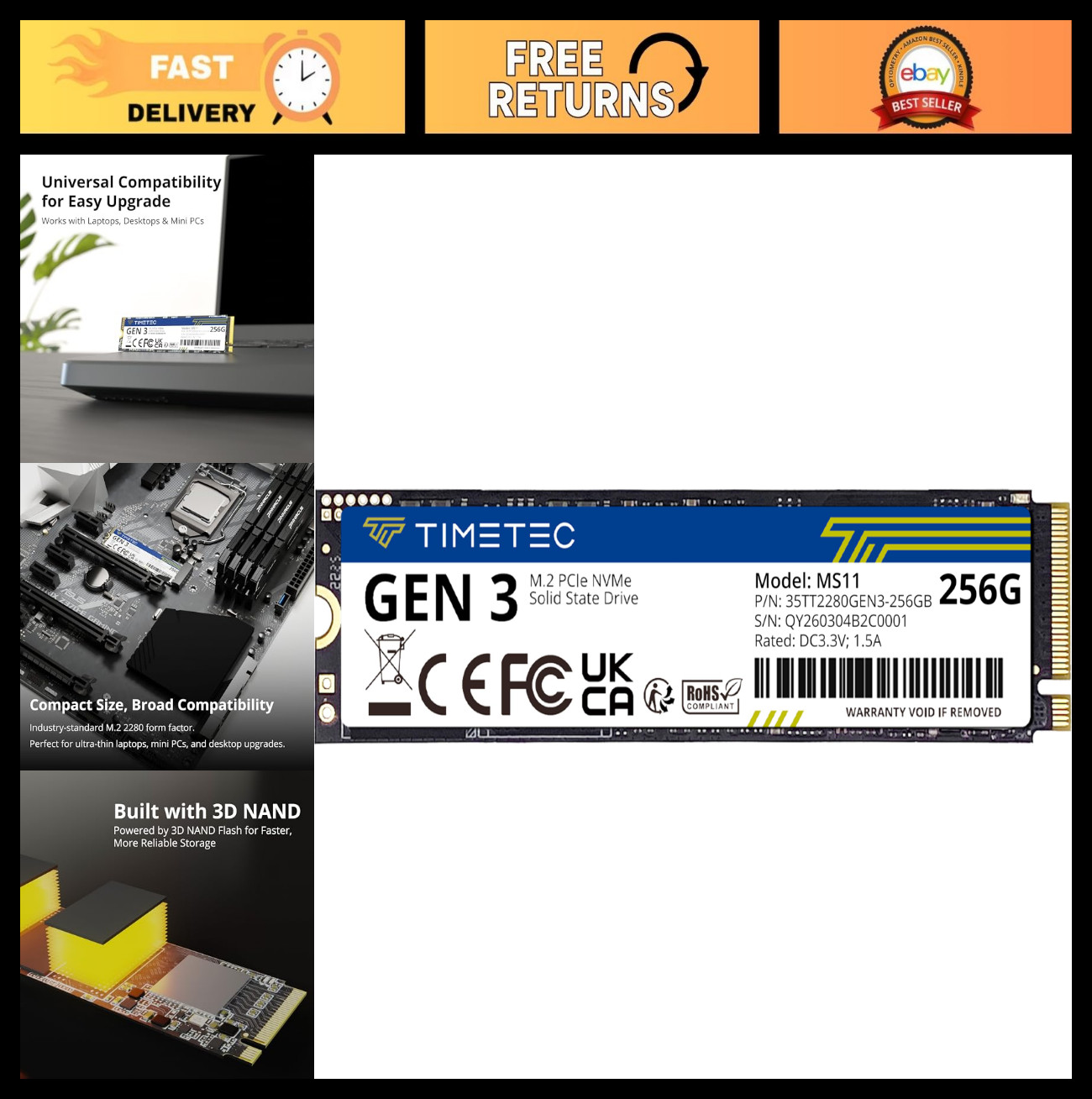 256GB NVMe PCIe Gen3x4 M.2 2280 SSD 3D NAND High Speed Internal Drive 2000MB/s