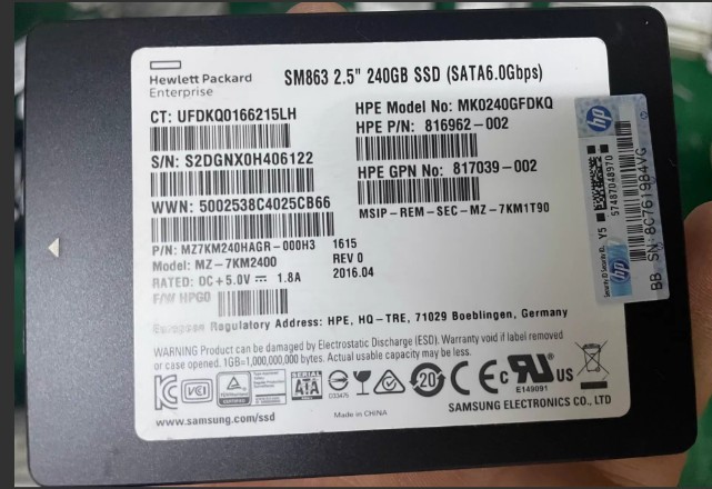 HPE SM863 240G 2.5寸SATA 6G SSD MK0240GFDKQ 816962-002