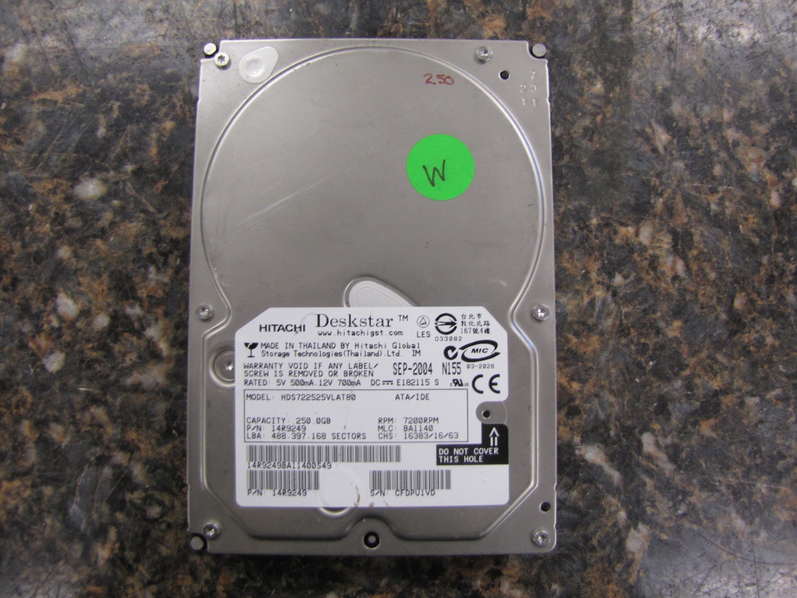 HITACHI HDS722525VLAT80 250GB 7.2K RPM 8MB Cache ATA/IDE 3.5" HDD TESTED & WORKS