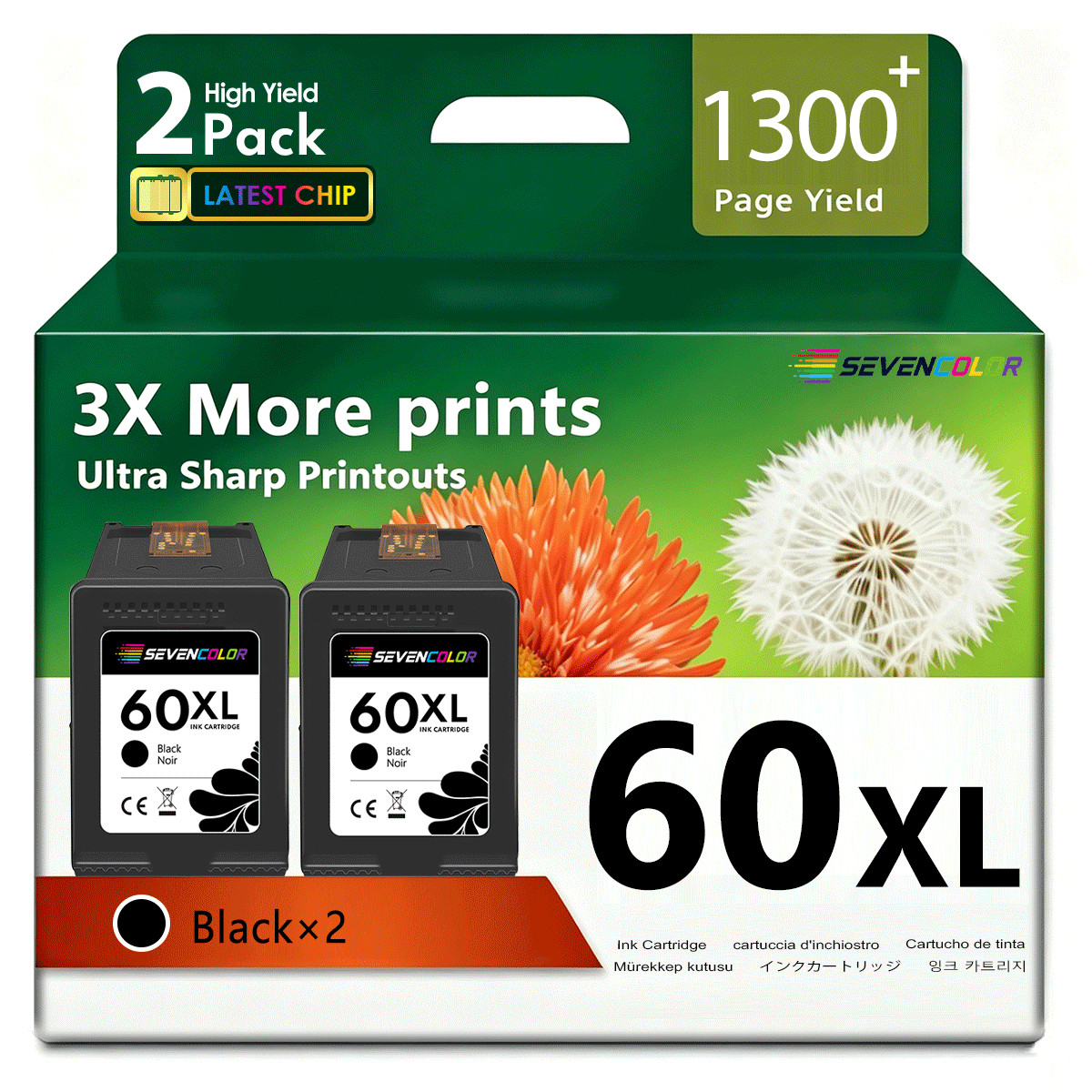 60XL High Yield Ink | Work with Deskjet D1660 D5560 F4440 Envy 100 120 | 2 Black
