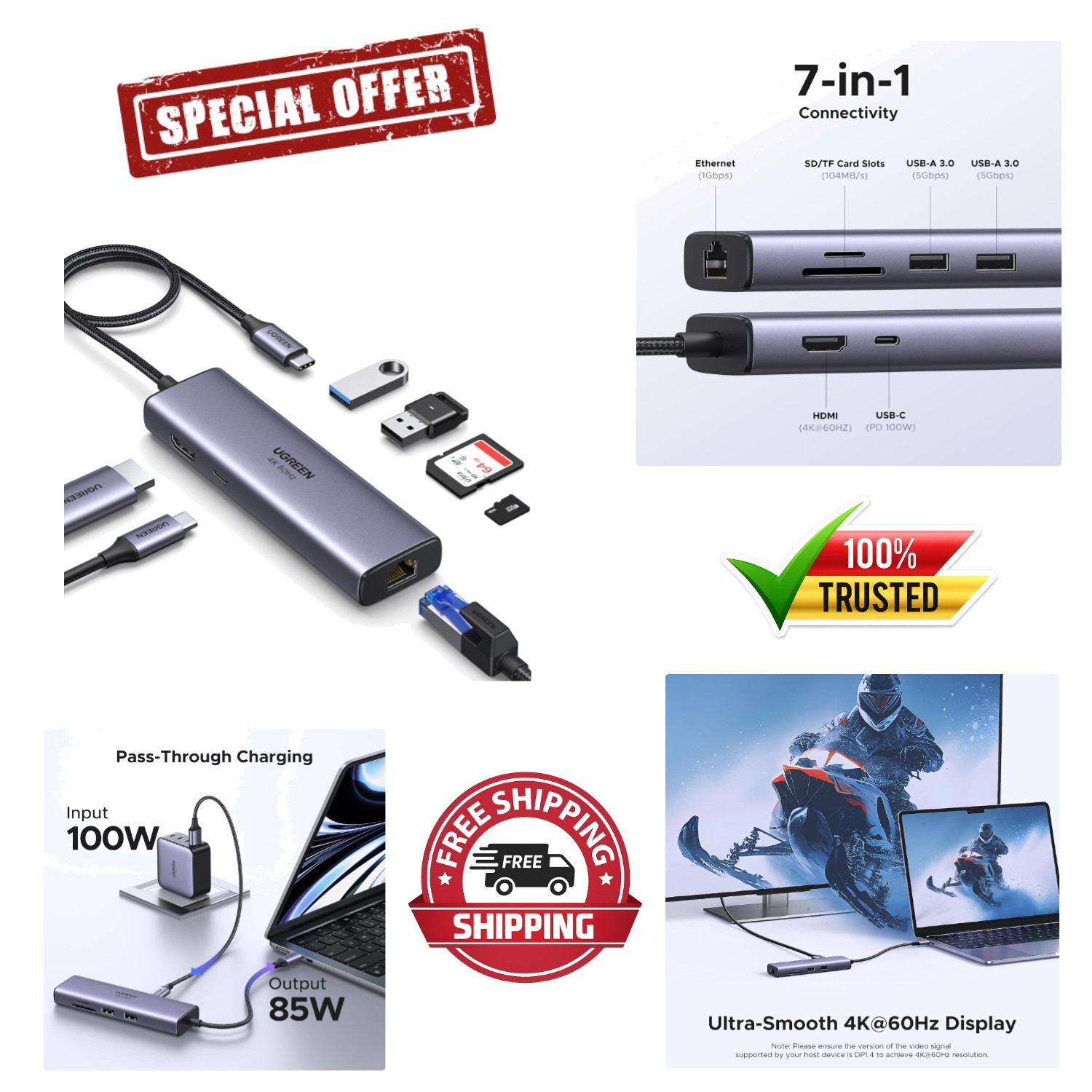 Ultimate 7-in-1 USB-C Hub: 100W PD Charging, HDMI & SD Reader for MacBook, iPad