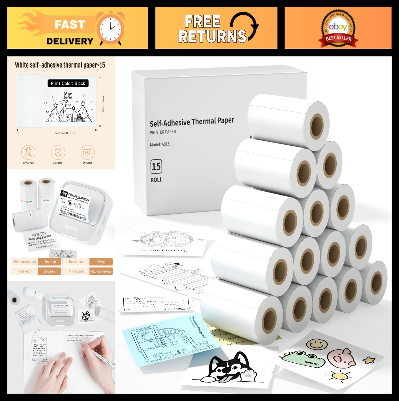Mini Thermal Sticker Paper 57x29mm for Instant Cameras & Pocket Printers - 15 Ro