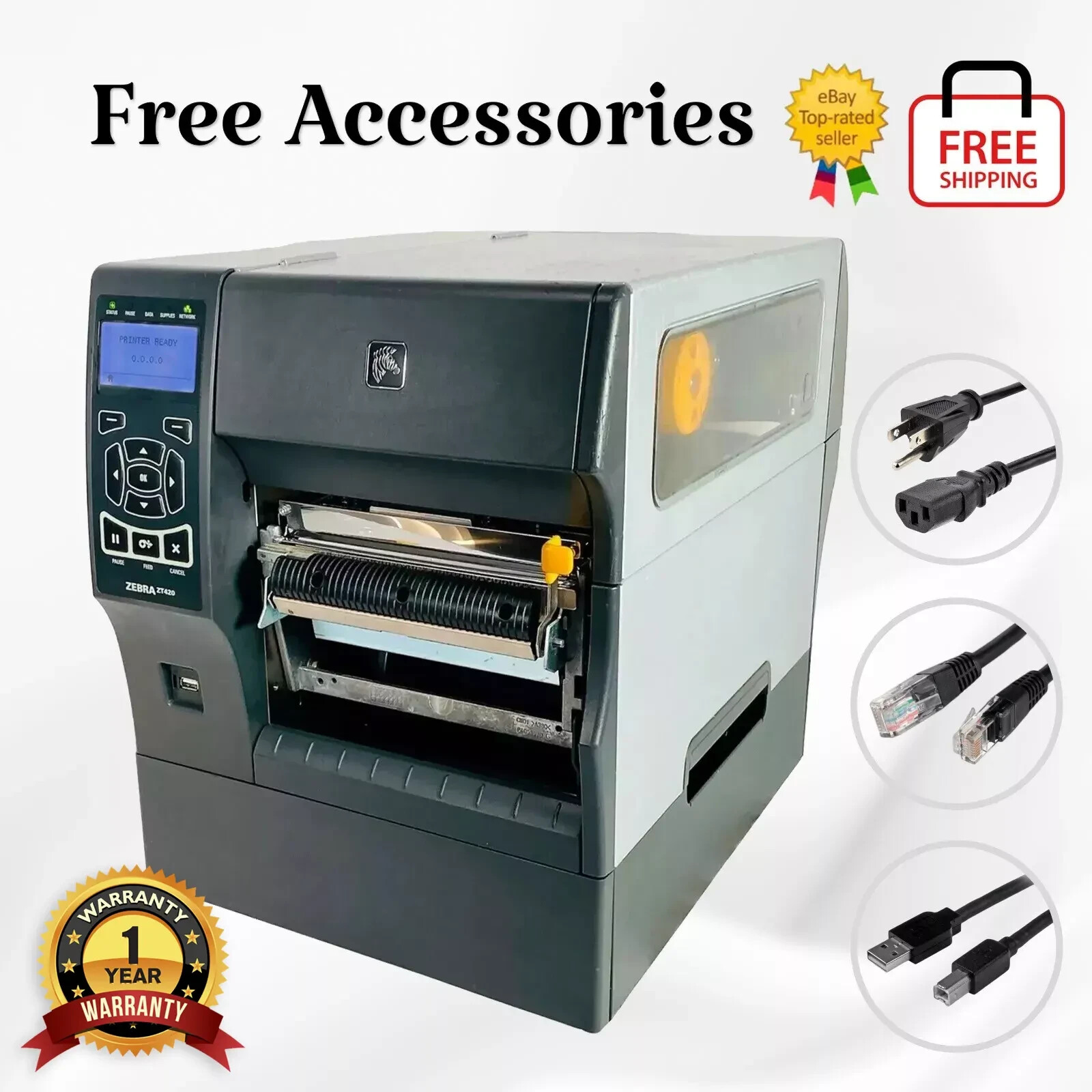 Zebra ZT420 Thermal Transfer Label Printer 300 dpi Peel Rewind LAN USB Serial