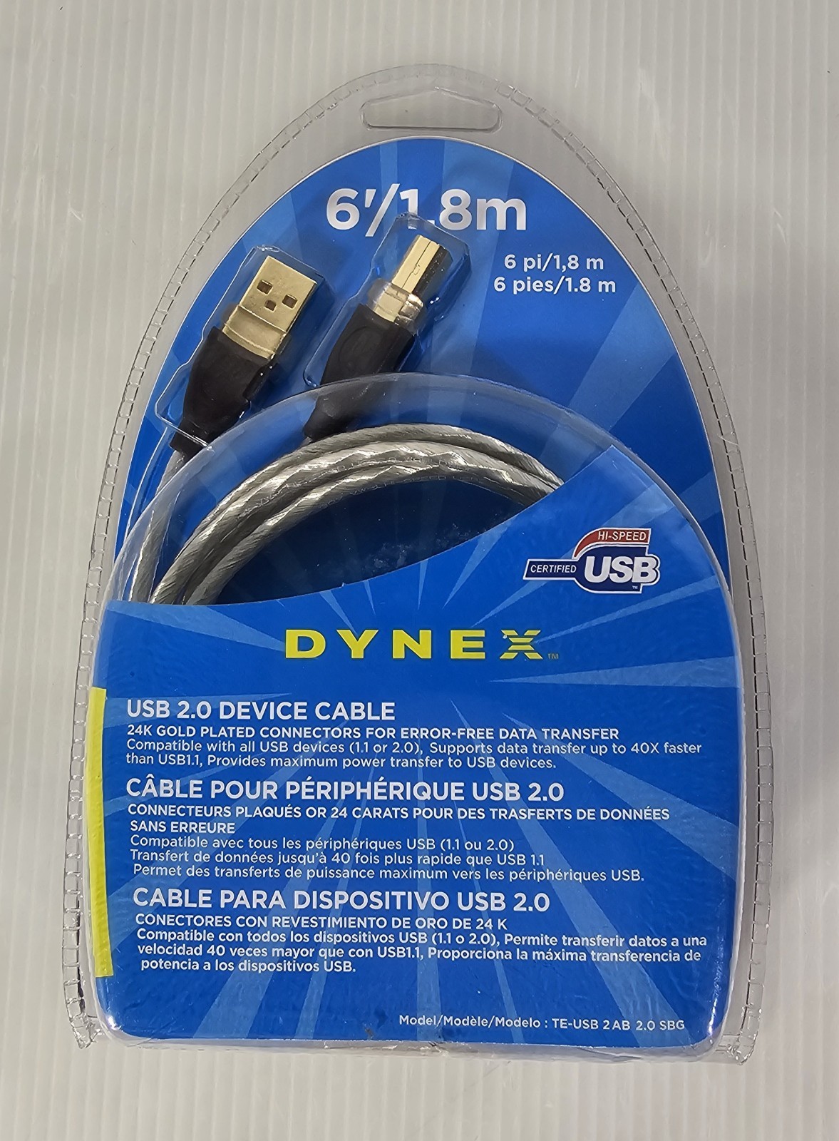Dynex USB 2.0 6' Device Cable A Male to B Male Connector, Gold Plated, NEW
