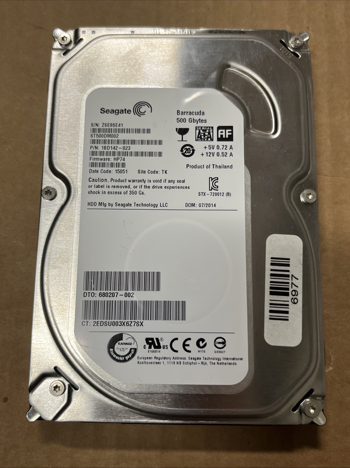 SEAGATE ST500DM002 1BD142-023 500GB Firmware HP74 Date Code 15051 SATA 3.5" HDD