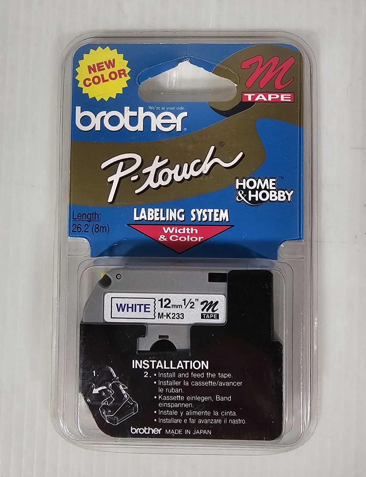 Brother P-Touch M Tape, MK233, 12mm White Tape, Blue Ink, NEW