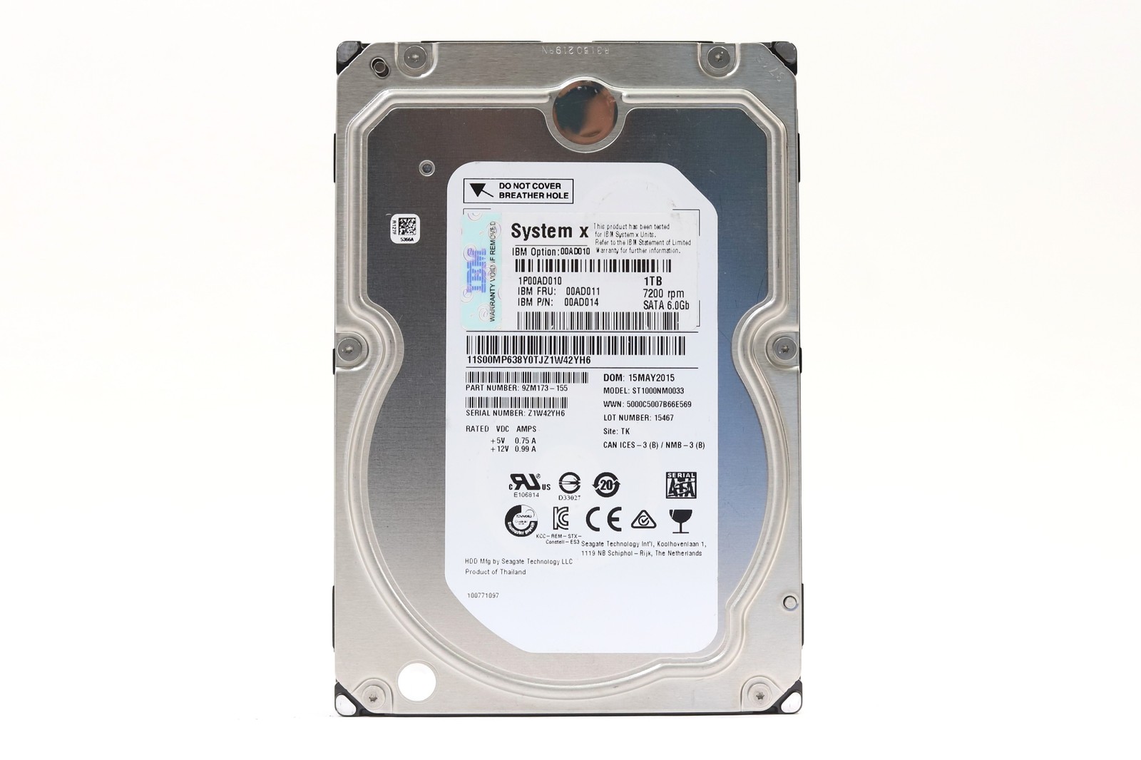 IBM ST1000NM0033 1TB 3.5" 6Gb/s 7.2K RPM SATA Hard Drive FRU P/N: 00AD011 Tested