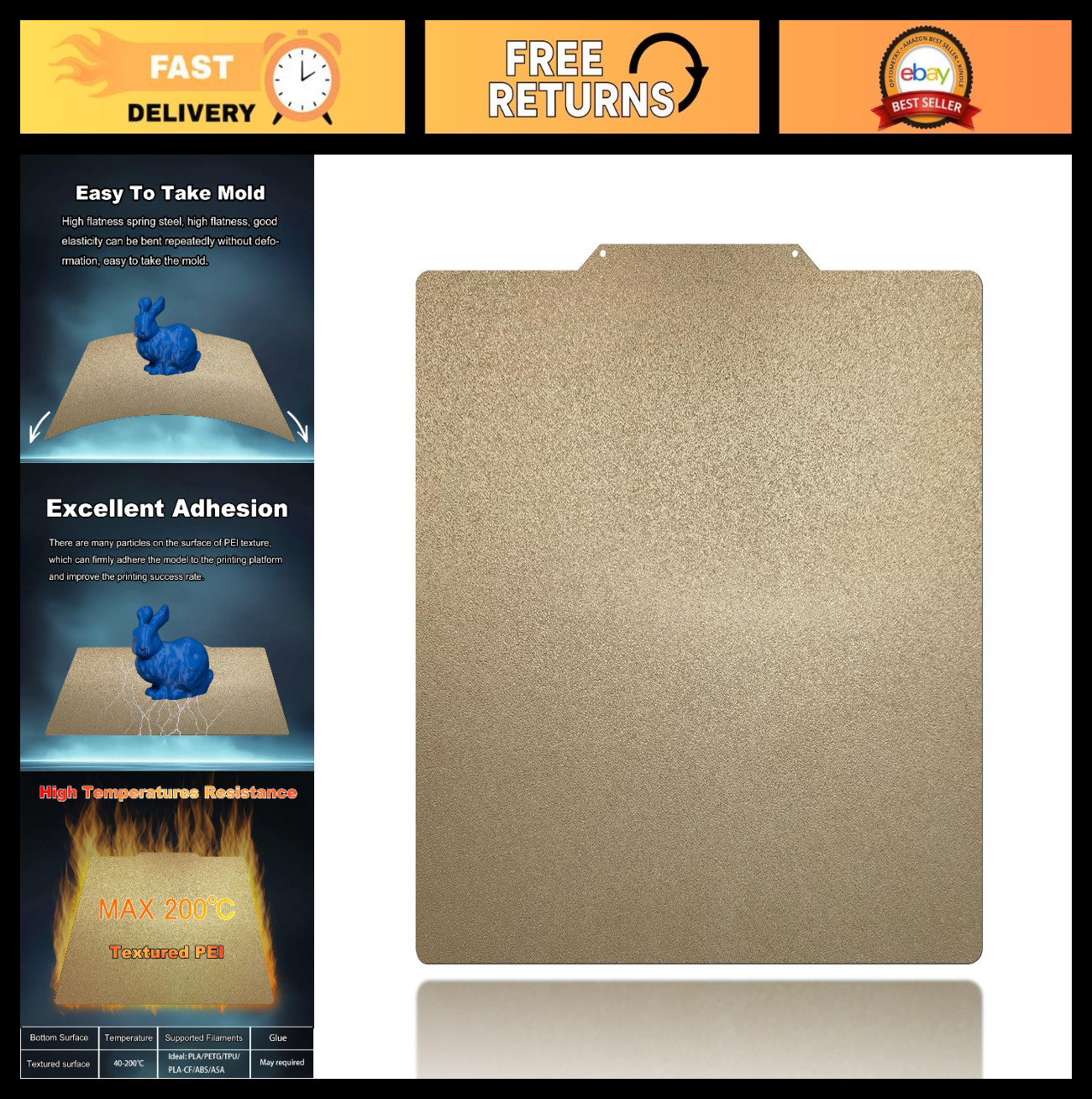 355x355mm Gold PEI Build Plate - Double Sided Textured Flexible Steel Platform f
