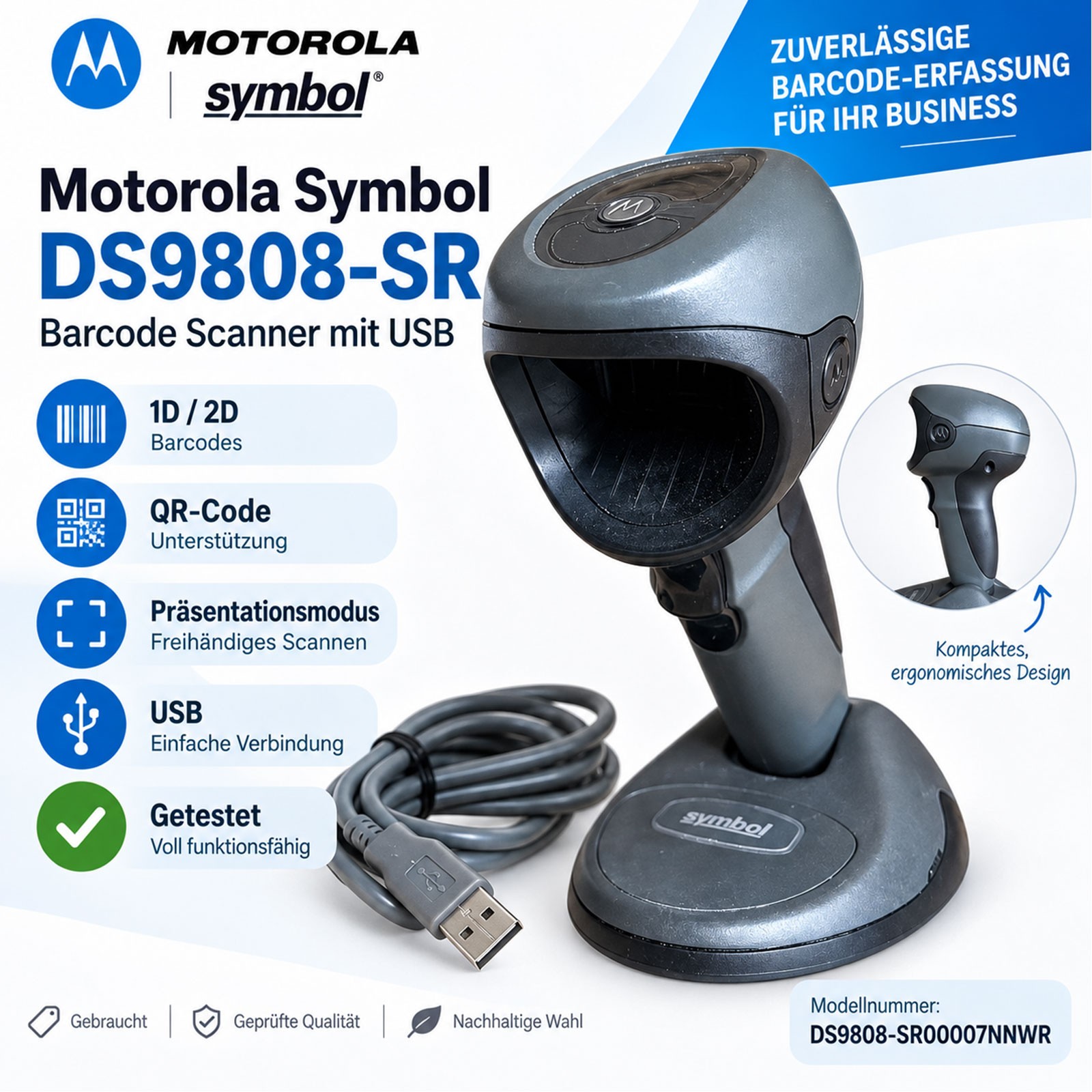 Motorola Symbol DS9808-SR 1D/2D Barcode Scanner USB QR Code Tested