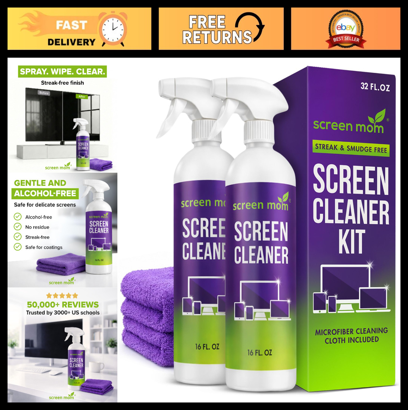 Streak-Free Screen Cleaner Spray 2 Pack - 16oz for TV, Laptop, Car & Devices - S