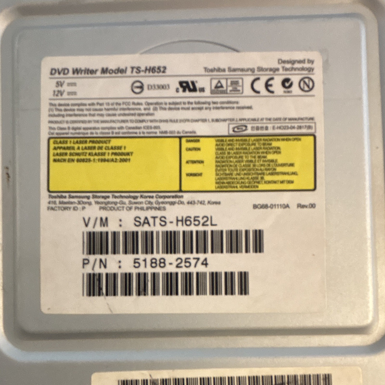 Toshiba Samsung TS-H652 IDE Internal DVD Writer 16x 5.25in Black For Parts
