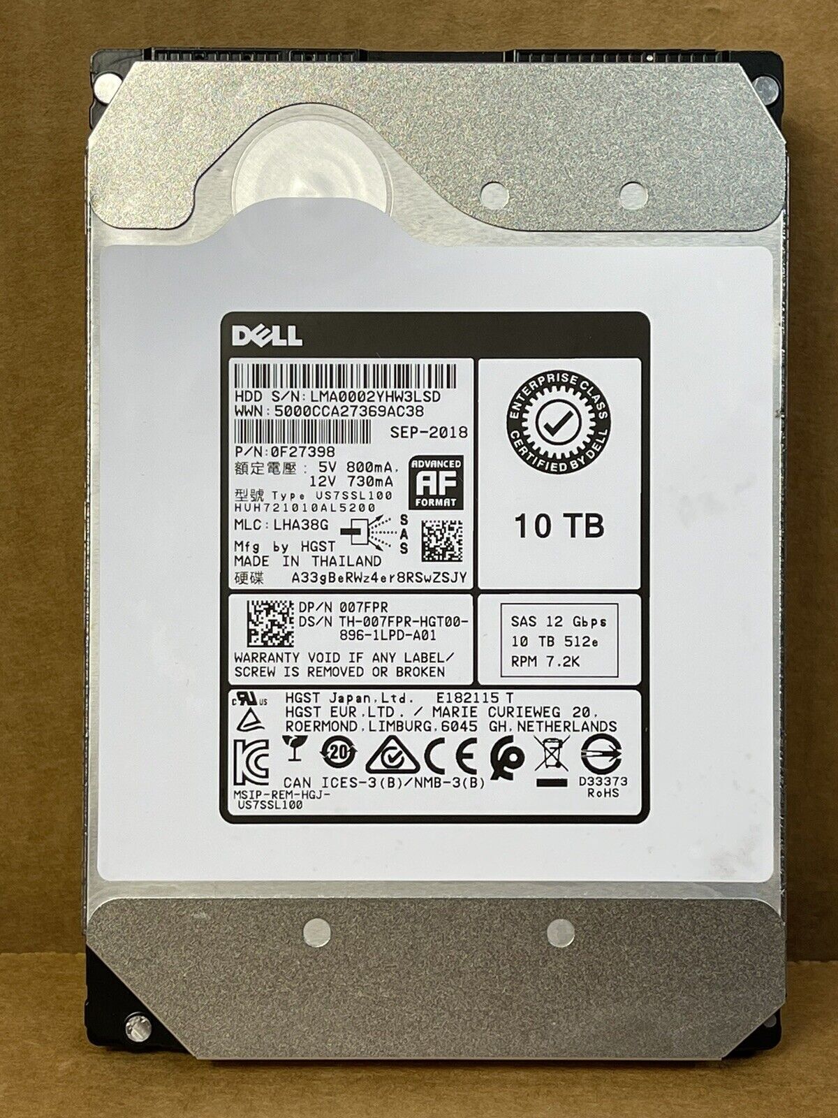 Dell 10TB SAS 12Gb/s 7.2K RPM 3.5 AF 512e Enterprise Server HDD Hard Drive EMC