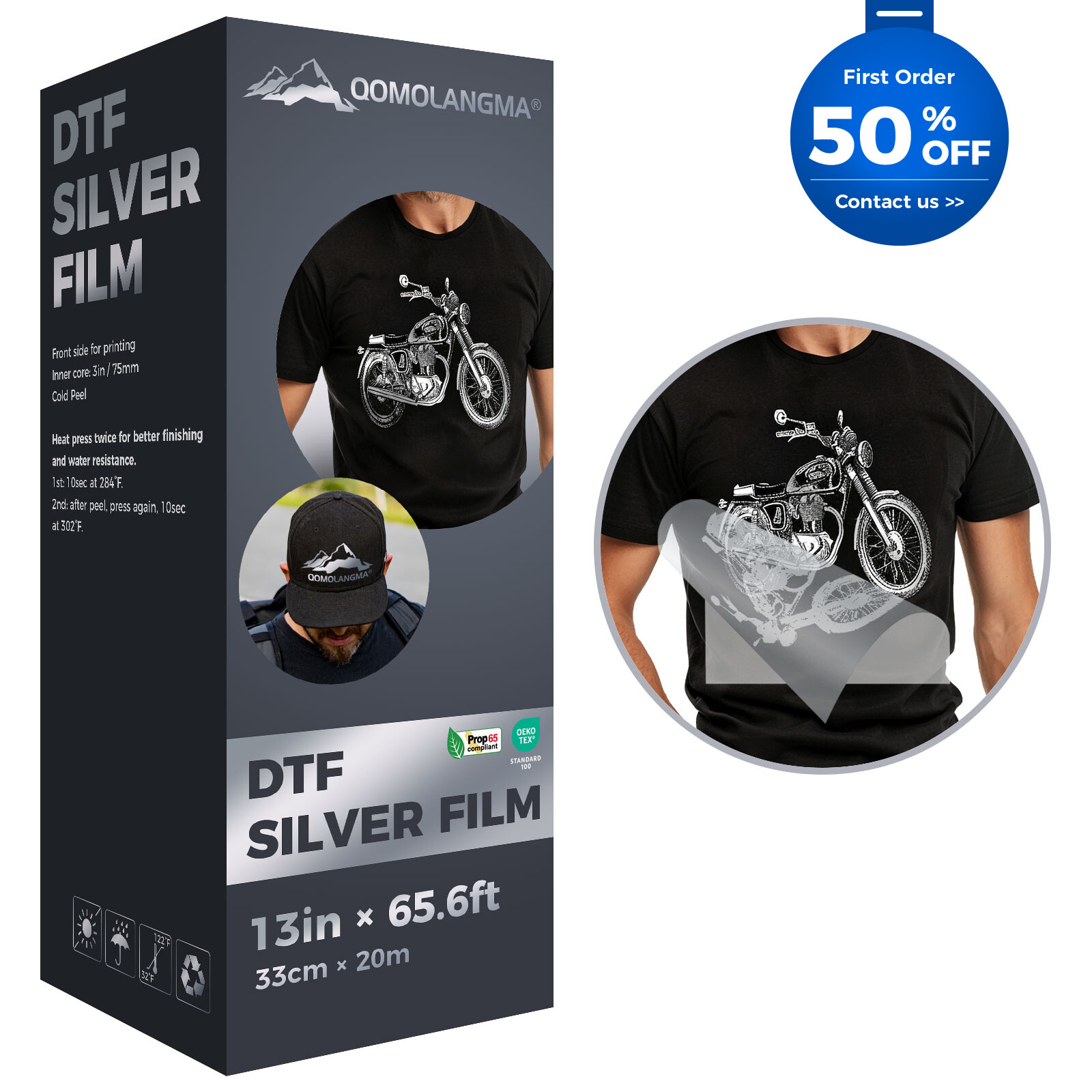 QOMOLANGMA 13in x 65.6ft DTF Gold Foil Film Roll, Silver DTF FOIL FILM Cold Peel