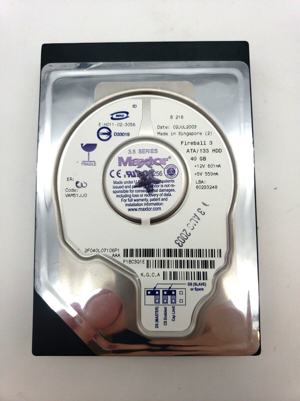 IDE Hard Disk Drive Maxtor Fireball 3 40GB Untested