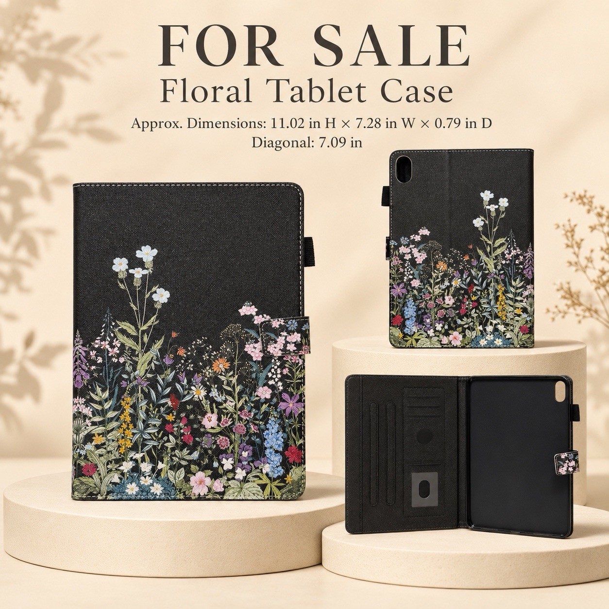 Floral Print Folding Folio Tablet Case, Card Pocket, Magnetic Closure, Black
