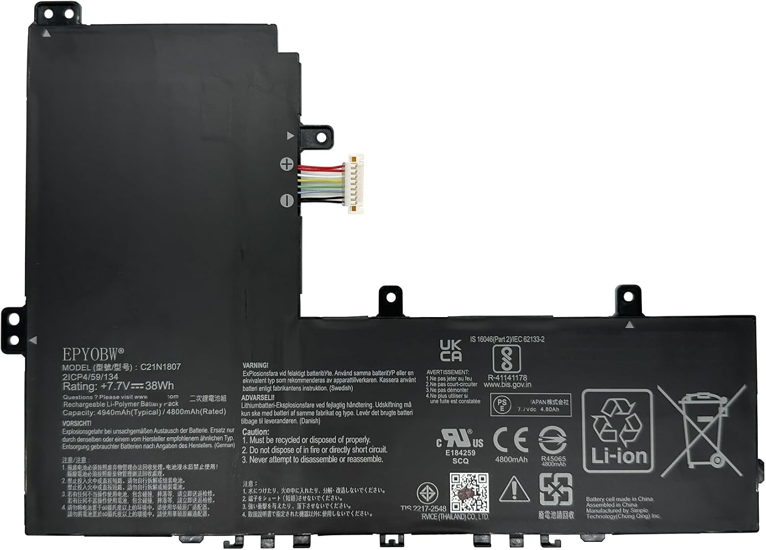 C21N1807 Laptop Battery 38Wh C21PiCH 0B200 03040000 2ICP4 59 134 Compatible