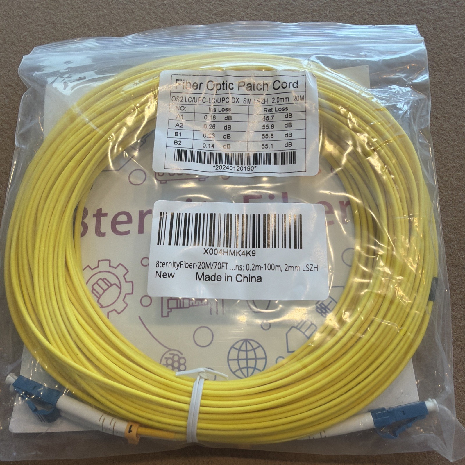 8ternityfiber LC to LC Fiber Patch Cable OM3 Multimode 20m