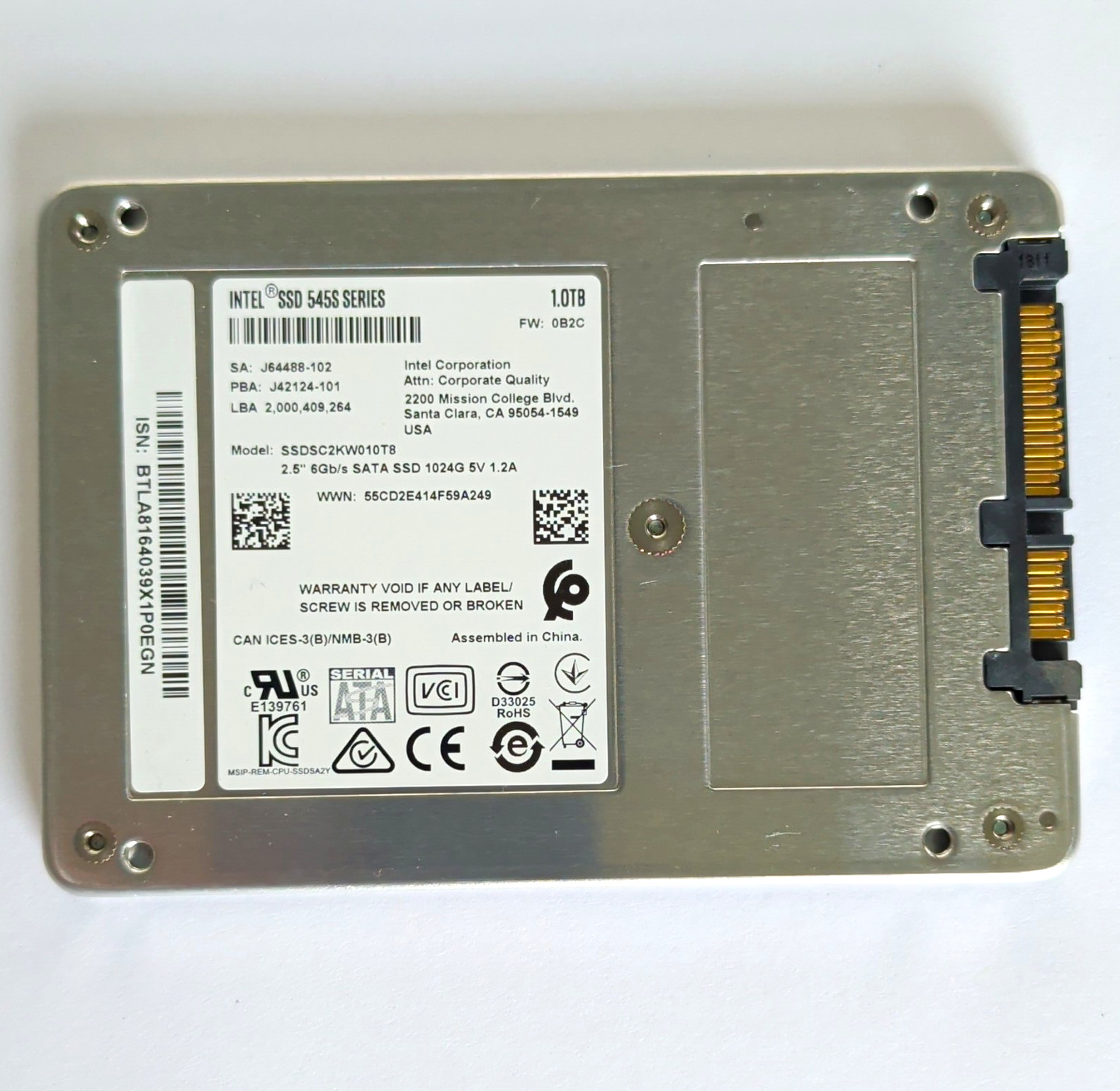 Intel 545s 1TB 2.5" SATA III SSD SSDSC2KW010T8 91% Health 3D TLC Tested