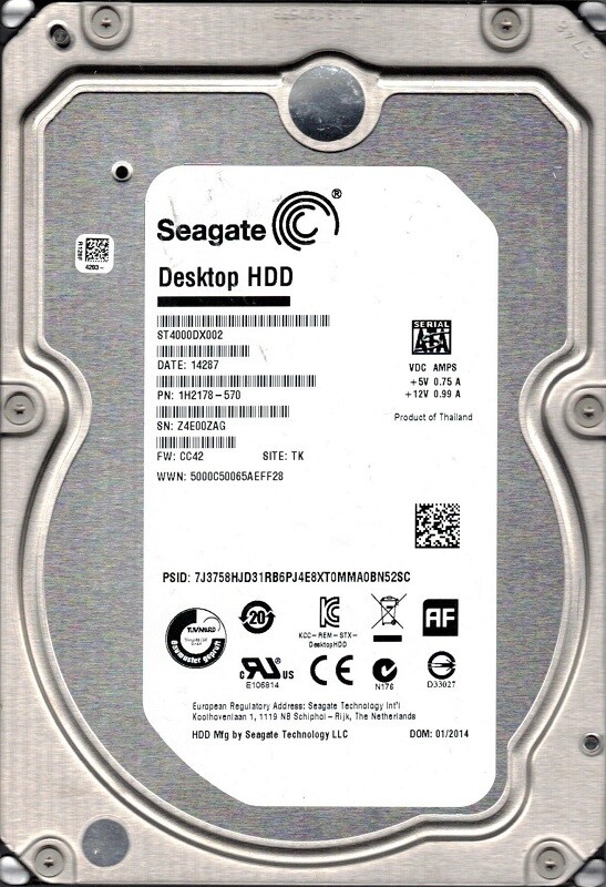 Seagate ST4000DX002 P/N: 1H2178-570 F/W: CC42 4TB TK Z4E0