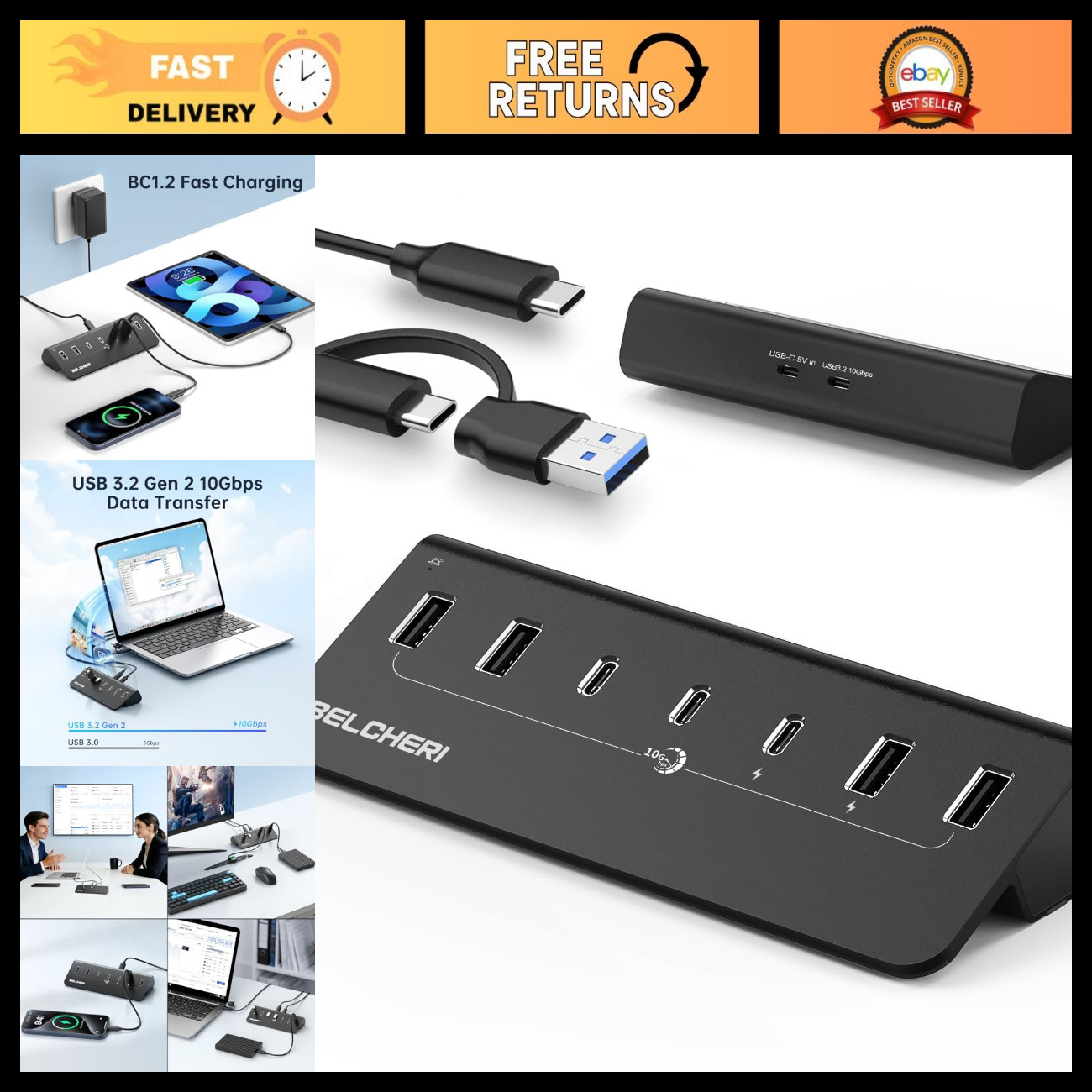 7-Port USB Hub, 10Gbps High-Speed Data Splitter, Aluminum, 4 USB-A & 3 USB-C Por