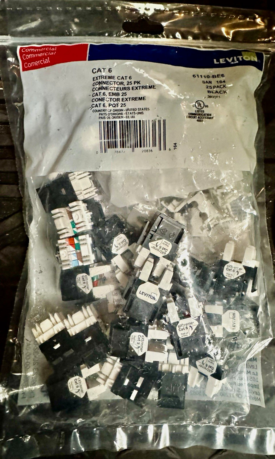 Leviton 61110-BE6 Extreme Cat 6 Connector, Cat6 to Cat6, Black, 25 Pack