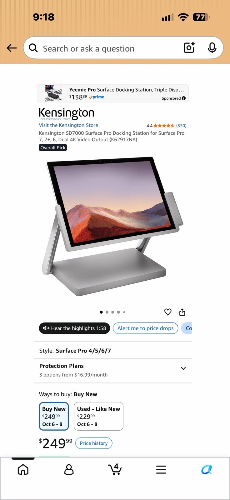 Kensington SD7000 Docking Station Dual 4K for Surface Pro 4-7+ Silver