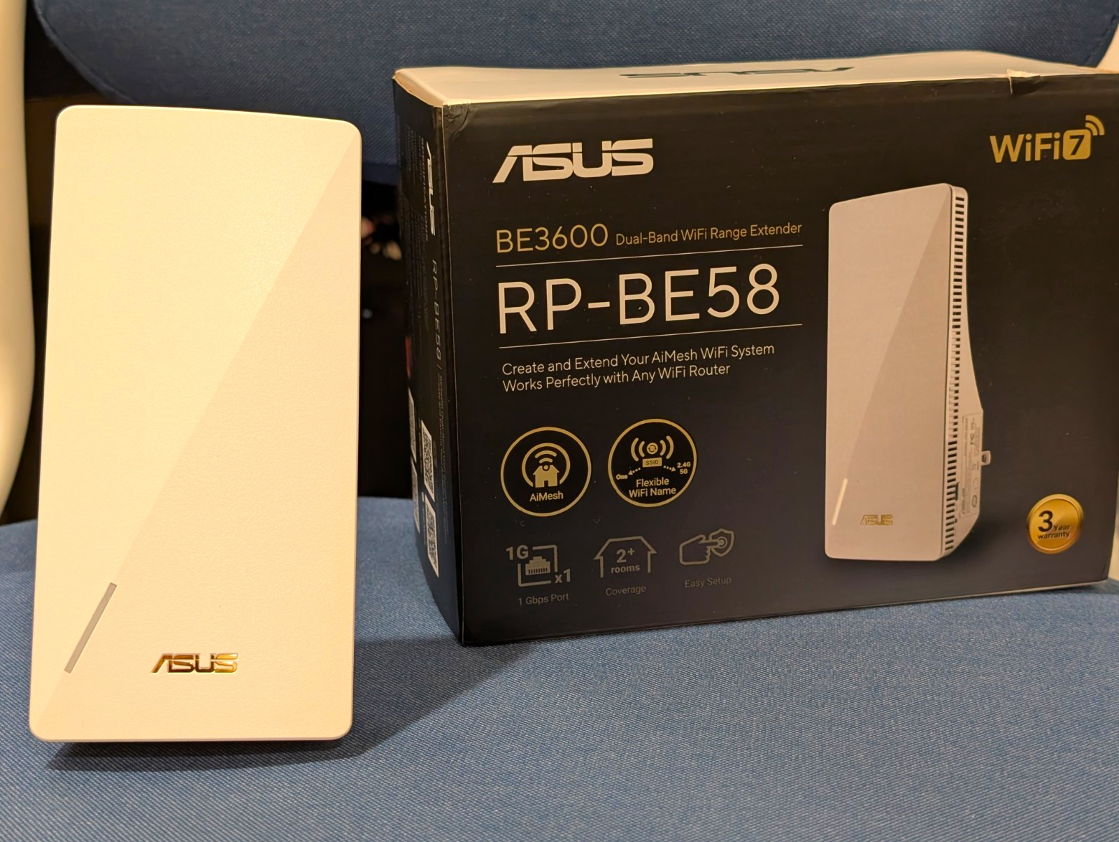 ASUS AiMesh RP-BE58 WiFi 7 BE3600 Dual-Band Wireless Range Extender, White