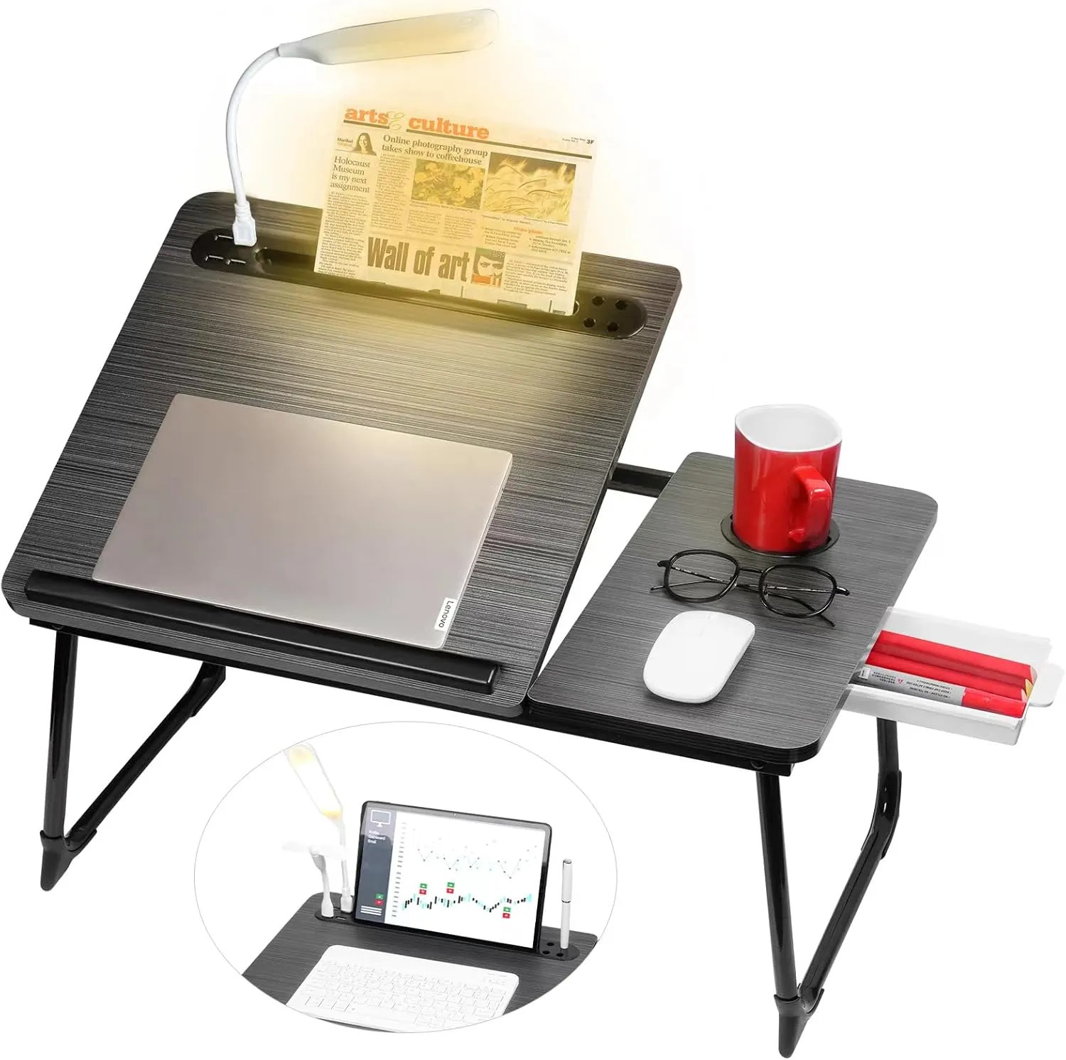 XL Adjustable Laptop Desk 23.6 Inch With Light USB Port Drawer For Home Office