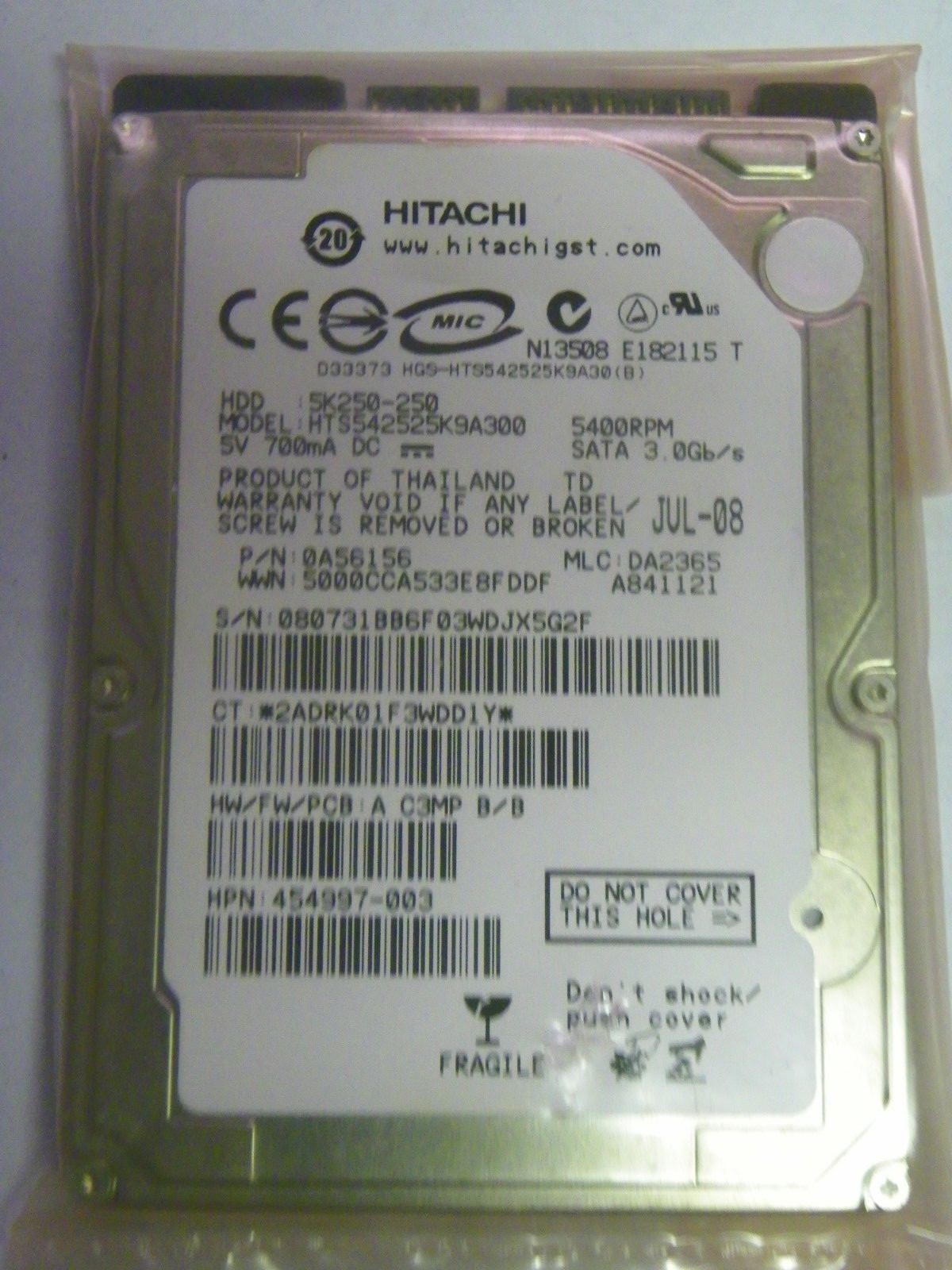 Hitachi HTS542525K9A300 P/N:0A56156 MLC:DA2365 FW: A C3MP B/B 250GB 2.5" SATA HD