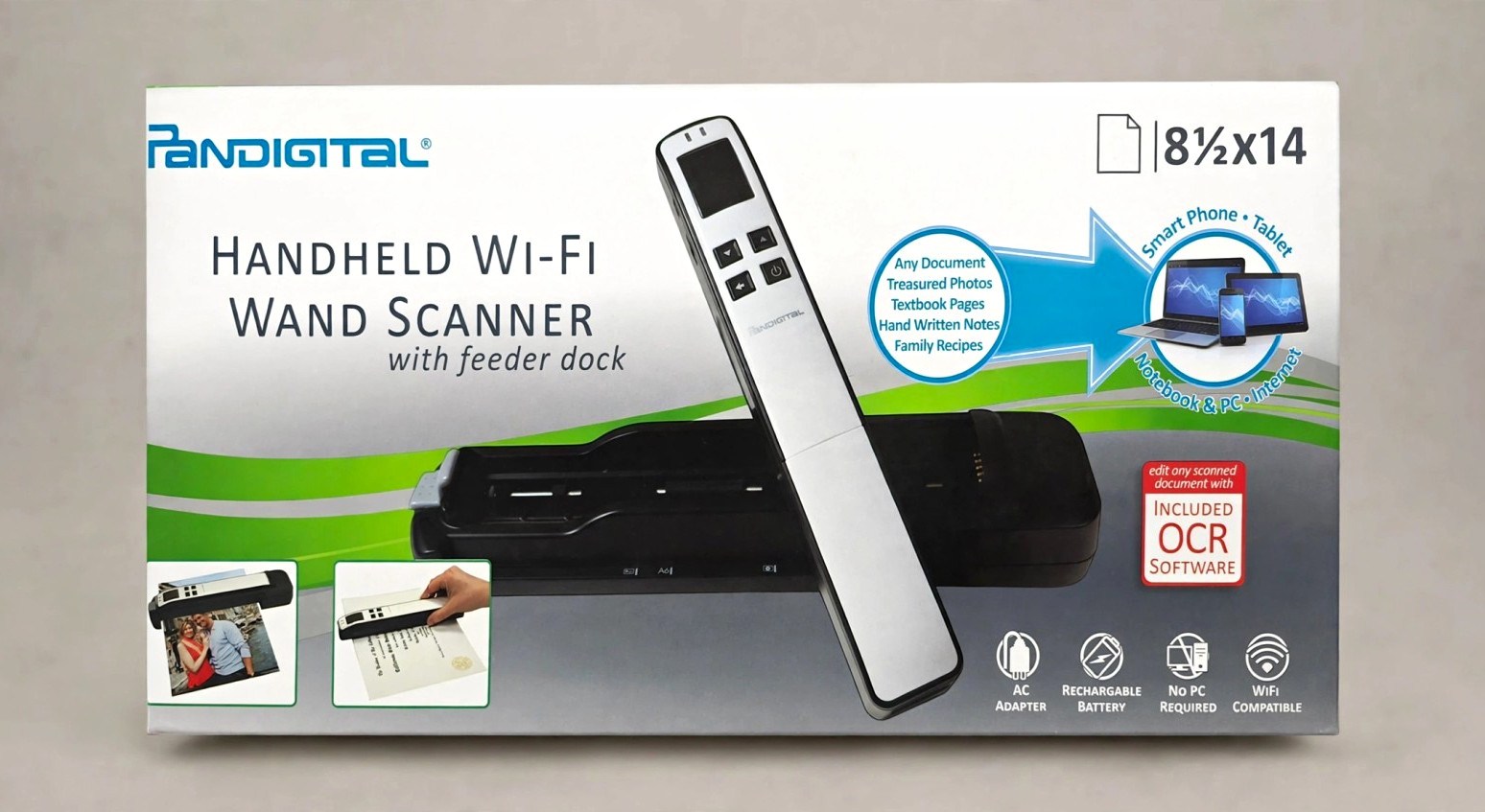 Pandigital Handheld Wi-Fi Wand Scanner 1200 dpi Feeder Dock Built-In Mem S8X1103